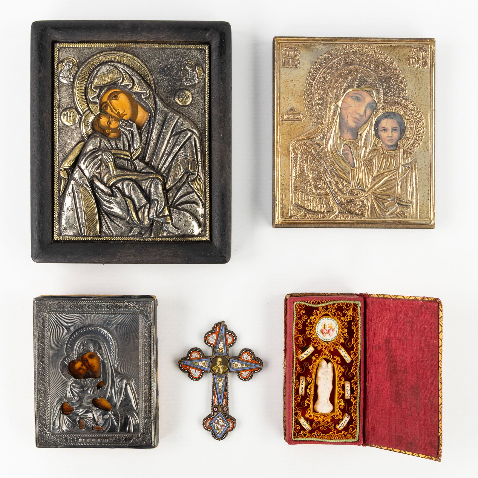 Three Icons with silver rizza, a crucifix with micromosaic, and a folk art reliquary box with (1 of 7)