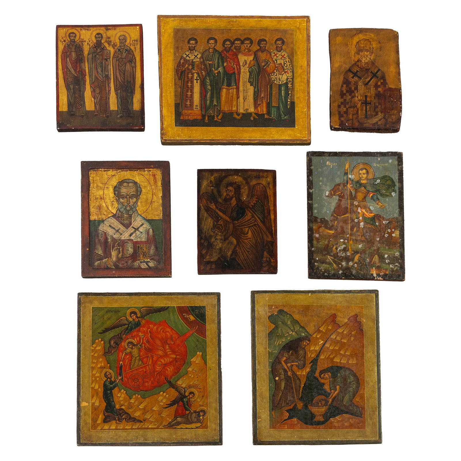 A Collection of eight Russian and Greek icons, 20th C.: A Collection of eight Russian and Greek icons, 20th century. 1. Saint Nicholas (26.5 x 18.5 cm)2. Saint George and the Dragon (33.5 x 24.5 cm)3. Saint Nicholas (30 x 22.5 cm)4. Saint John