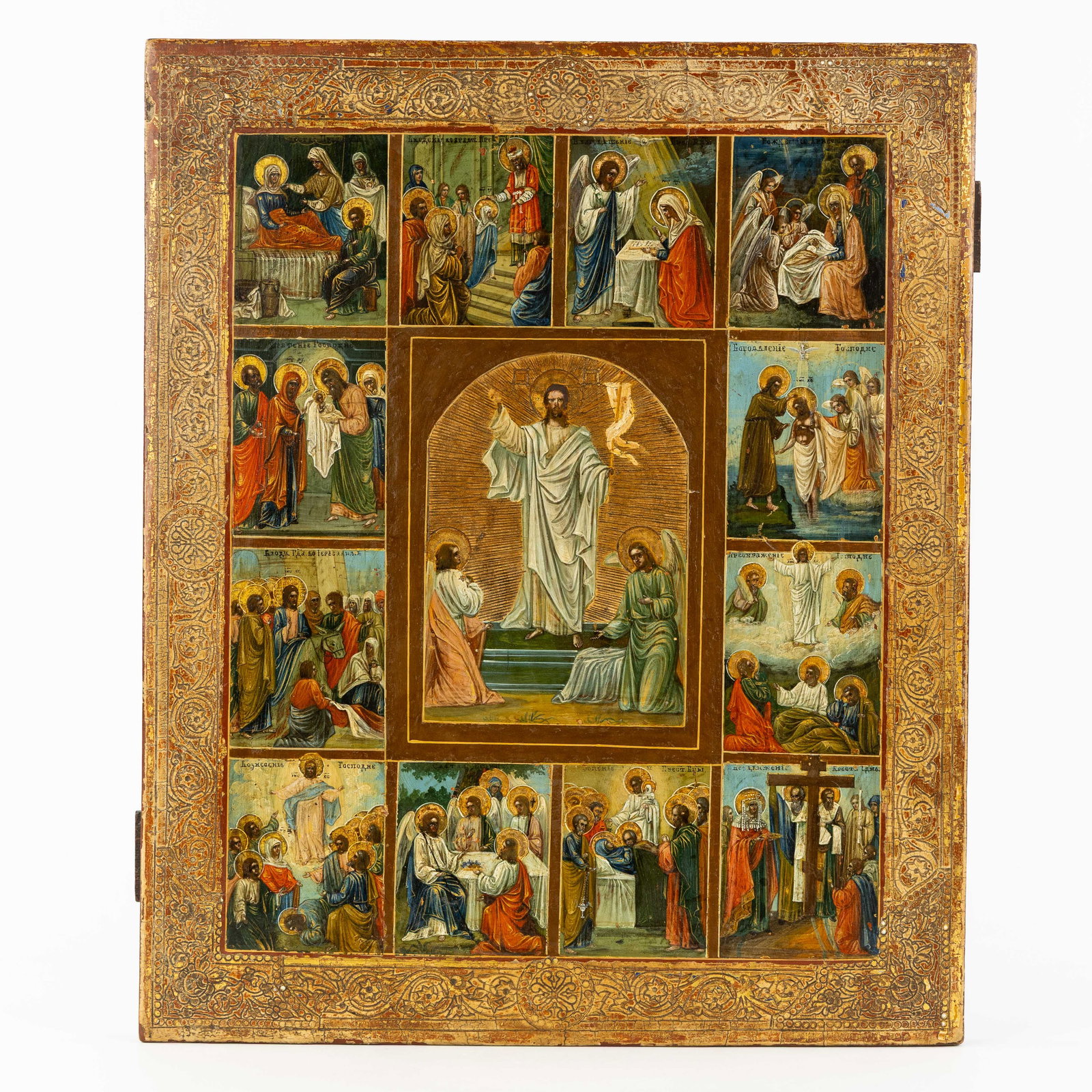 A Large antique Russian Great Feasts and Ressurrection Icon, 19th C.: A Large antique Russian Great Feasts and Ressurrection Icon, 19th century. Depicting the most important Holy feast, with:Nativity of the Mother of God,Presentation of the Mother of God in the Temple