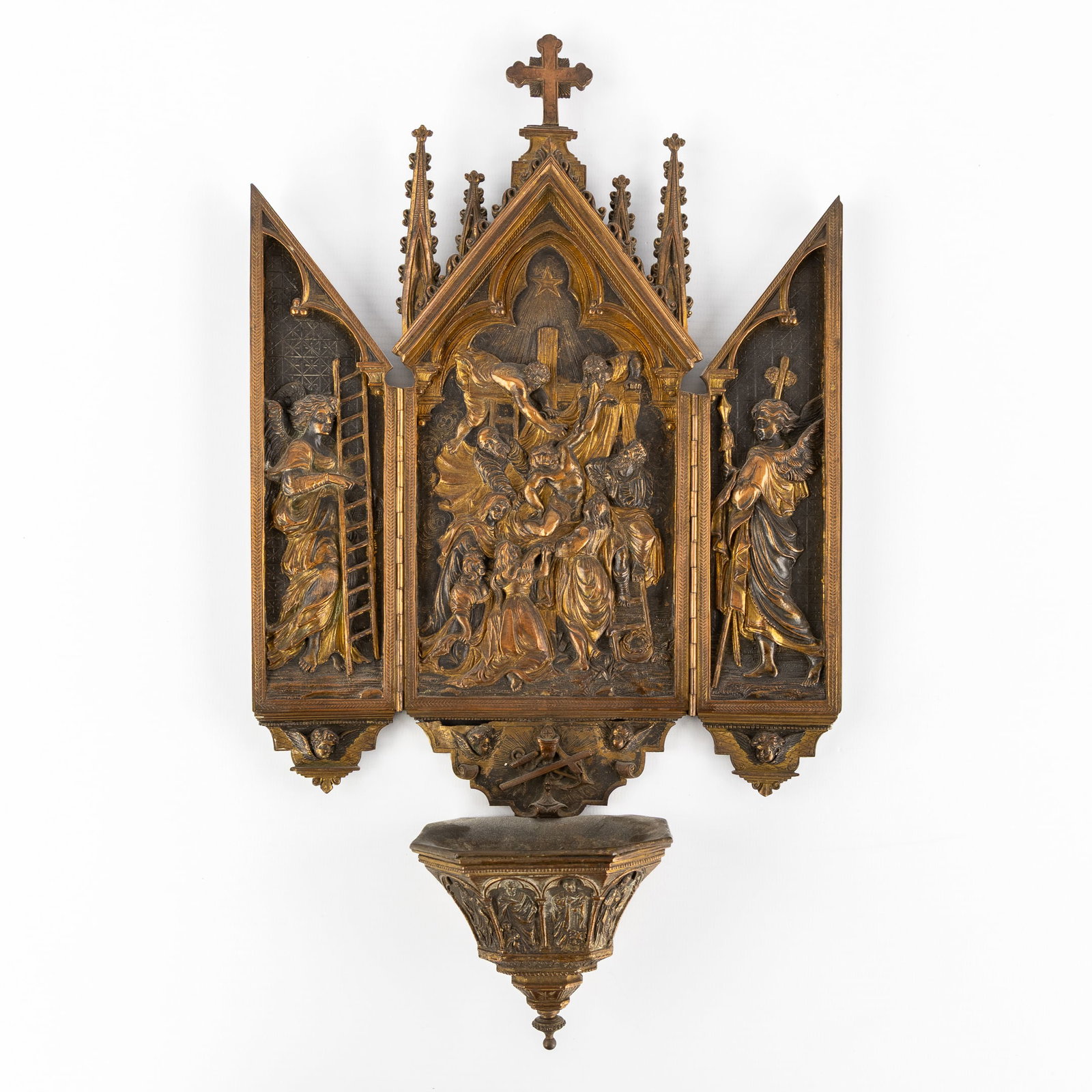 A Gothic Revival Holy Water Font with Triptych with Bas-Relief of the Descent from the Cross, Bronze (1 of 6)