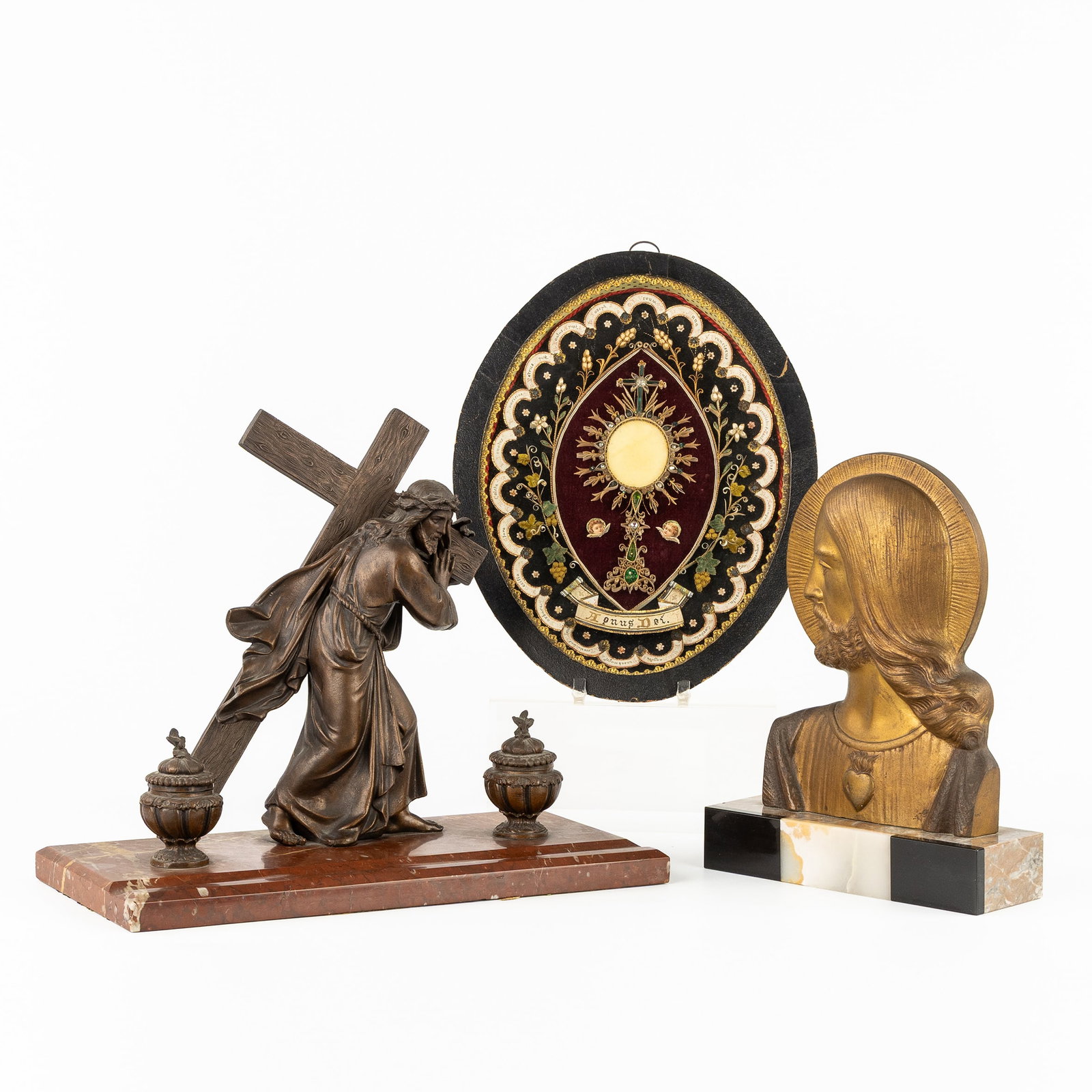 An Ink Set 'Christ Carrying His Cross', Bas-relief bust of Christ with Sacred Heart and a Reliquary (1 of 7)