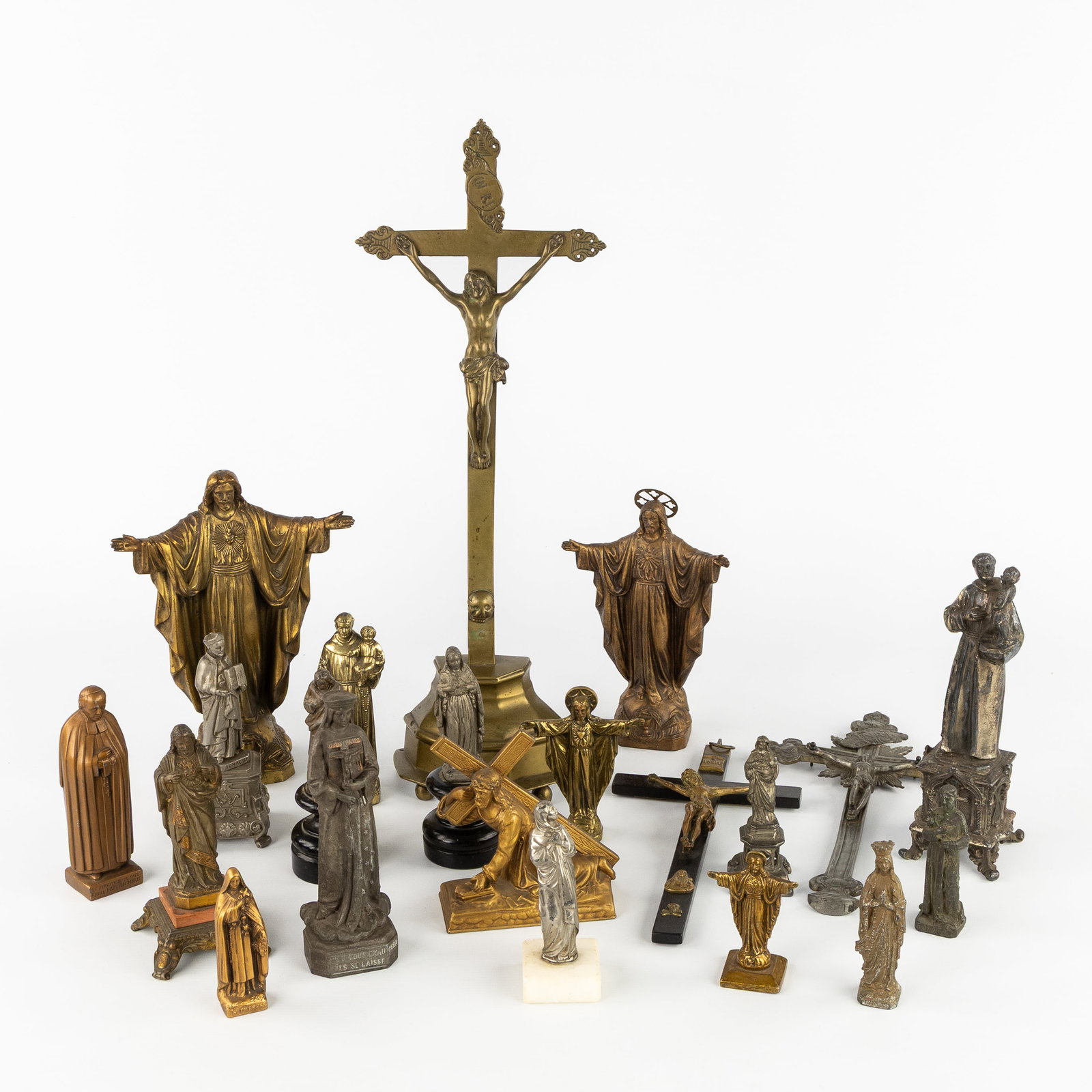 A Collection of 21 Crucifixes and Statues of Saints, bronze, spelter, and metal. (1 of 9)