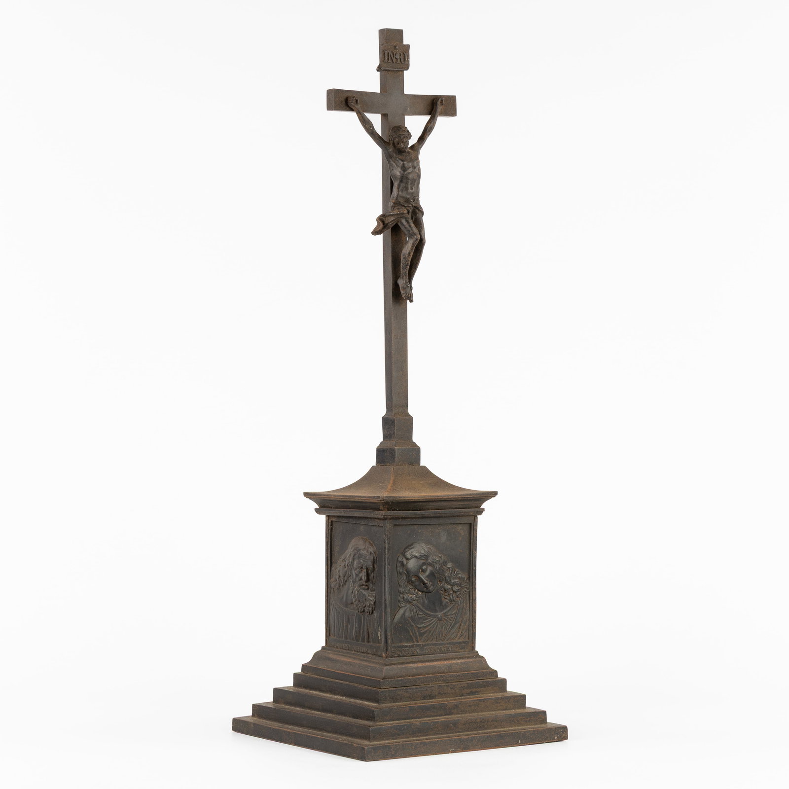 A Cast Iron altar crucifix with Corpus Christi and bas-reliefs of Evangelists and Apostles, circa (1 of 11)