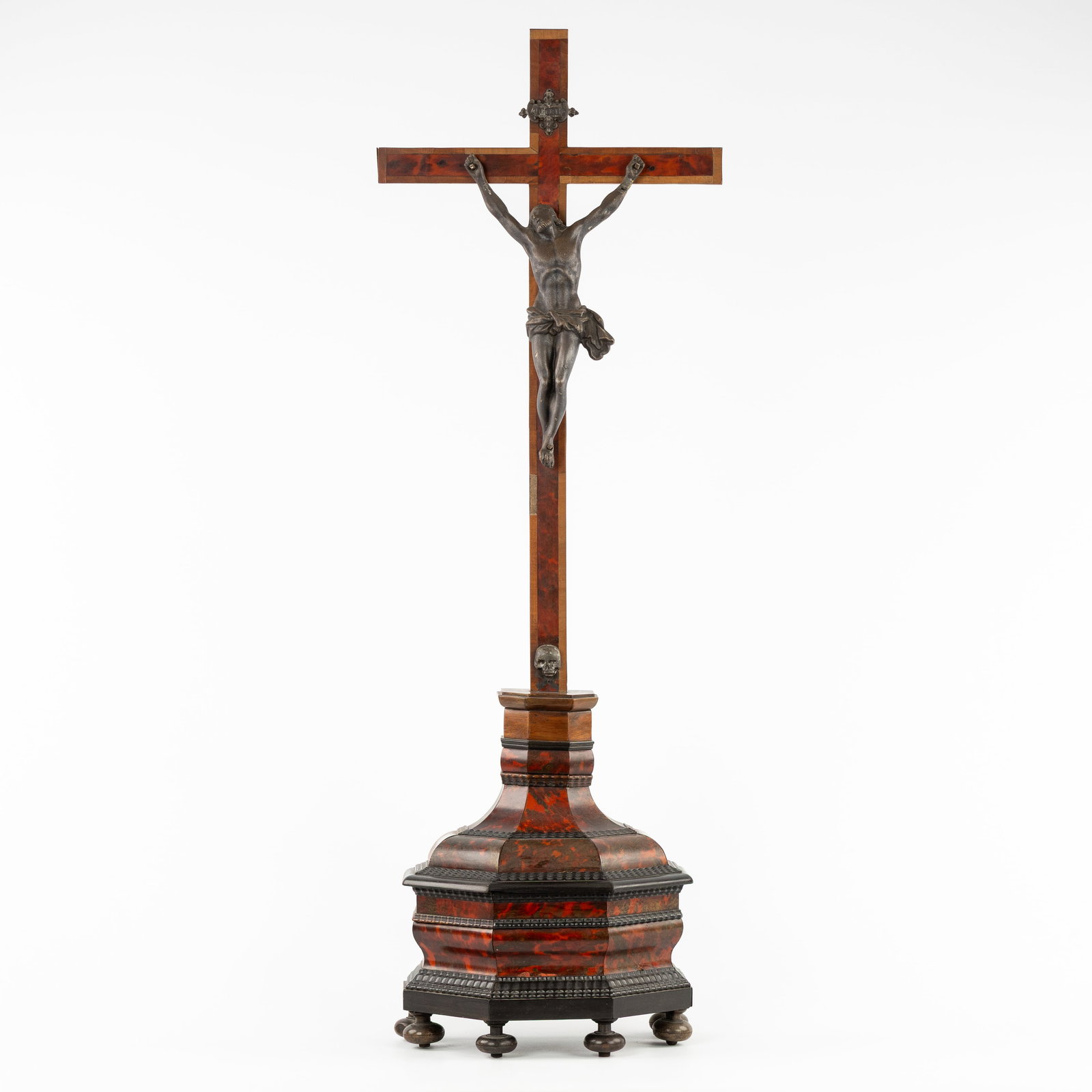 A Large antique altar crucifix with Corpus Christi, Spelter, ebonized wood and tortoiseshell inlay, (1 of 8)