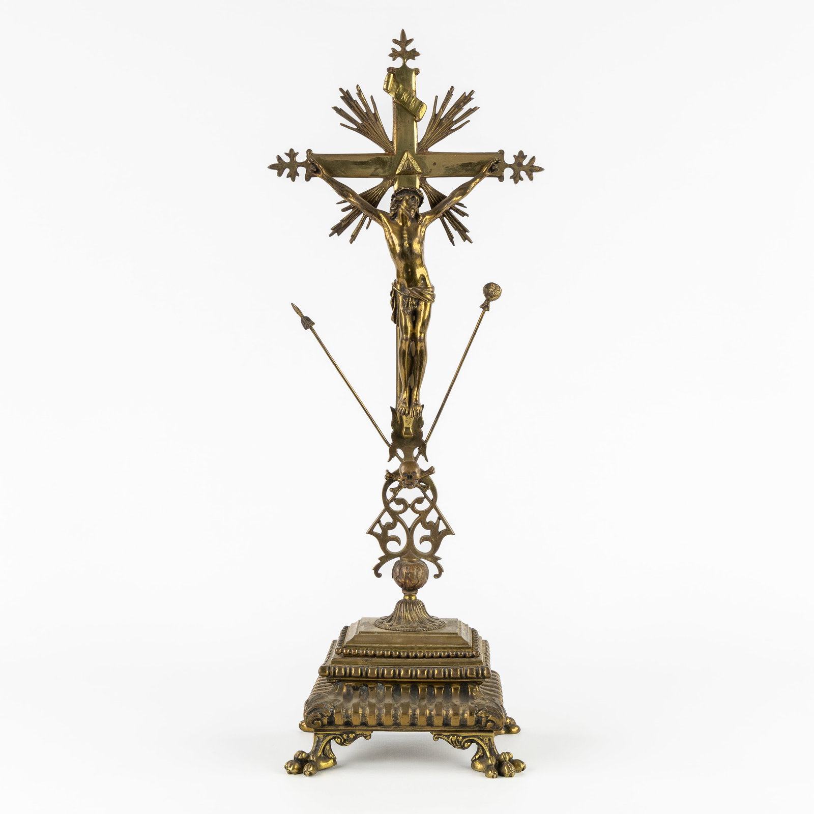 A Bronze altar crucifix with Corpus Christi and Instruments of the Passion, circa 1900. (1 of 8)