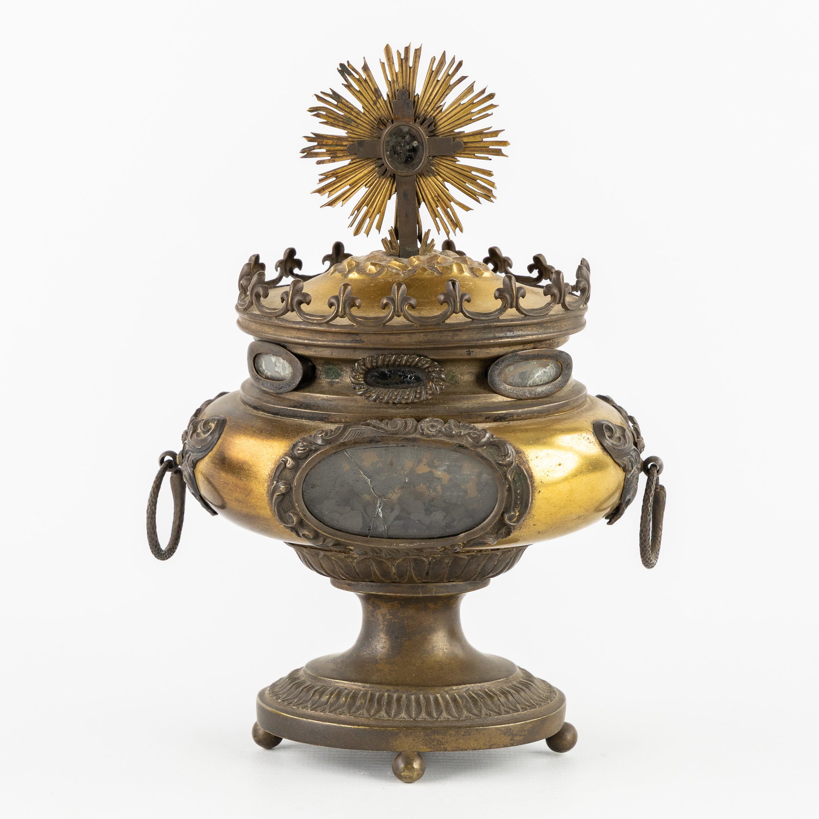 A Brass Reliquary stand for 5 relics, in the shape of a brazier, 19th C. (1 of 8)