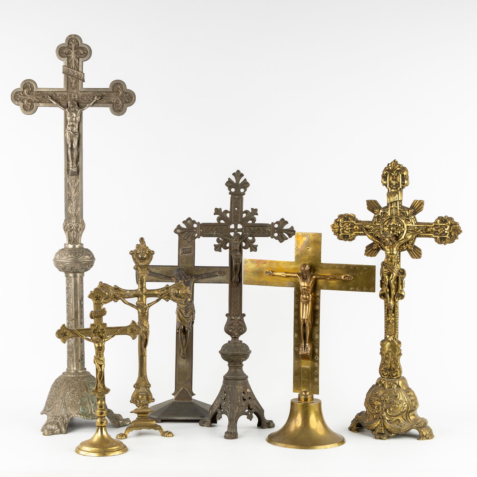 A Collection of 7 Altar Crucifixes, brass, bronze and spelter. Baroque, Gothic Revival and Modernist (1 of 10)