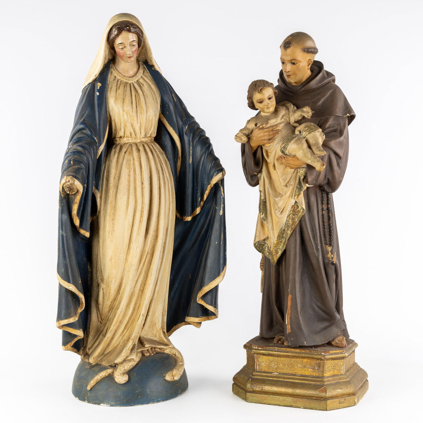 Holy Virgin Mary and Saint Anthony of Padua, two wood-sculptured and polychrome patinated statues. (1 of 9)