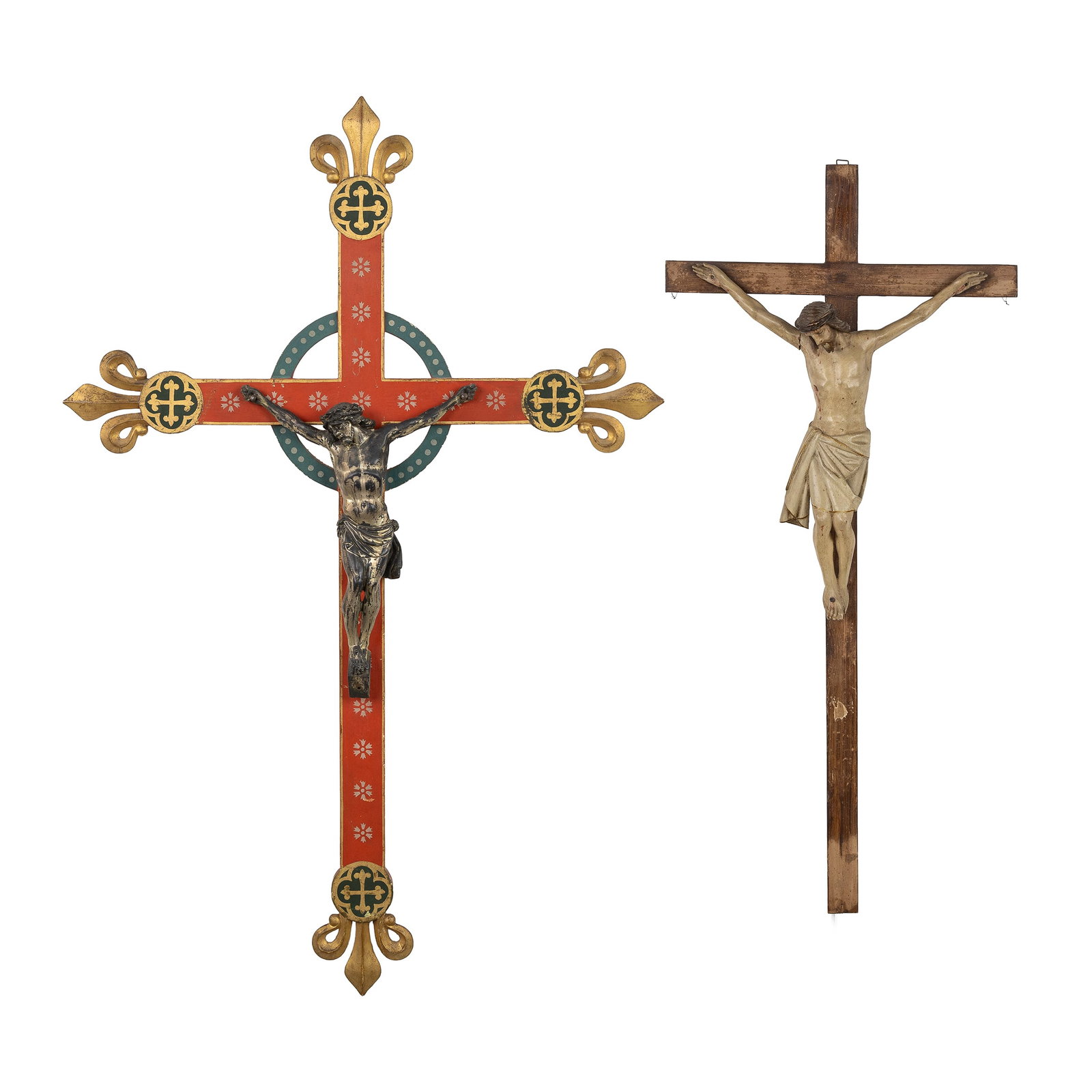 Two crucifixes with the Corpus Christi, sculptured wood and finished with a Gothic Revival patina. (1 of 6)