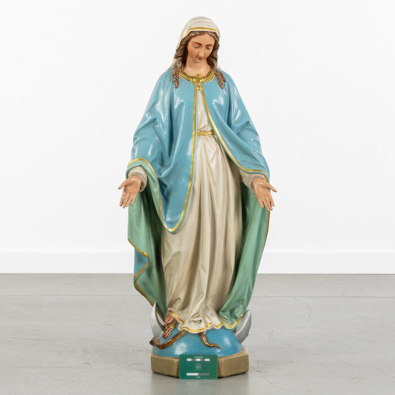 Blessed Virgin Mary, Madonna on the crescent moon and serpent, patinated plaster, by Henri Gérard, (1 of 9)