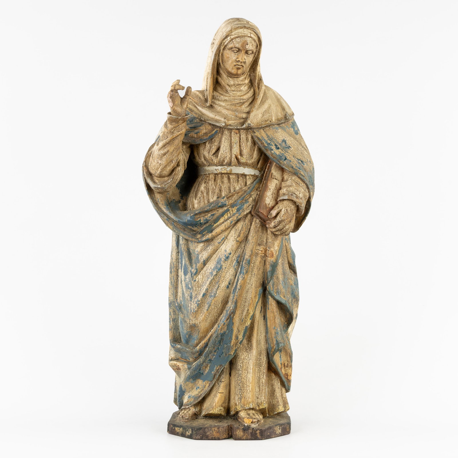 Saint Anne, a wood-sculptured and patinated statue, Gothic Revival, 19th C.: Saint Anne, a wood-sculptured and patinated statue, Gothic Revival, 19th century. (26 x 64 x 16 cm)