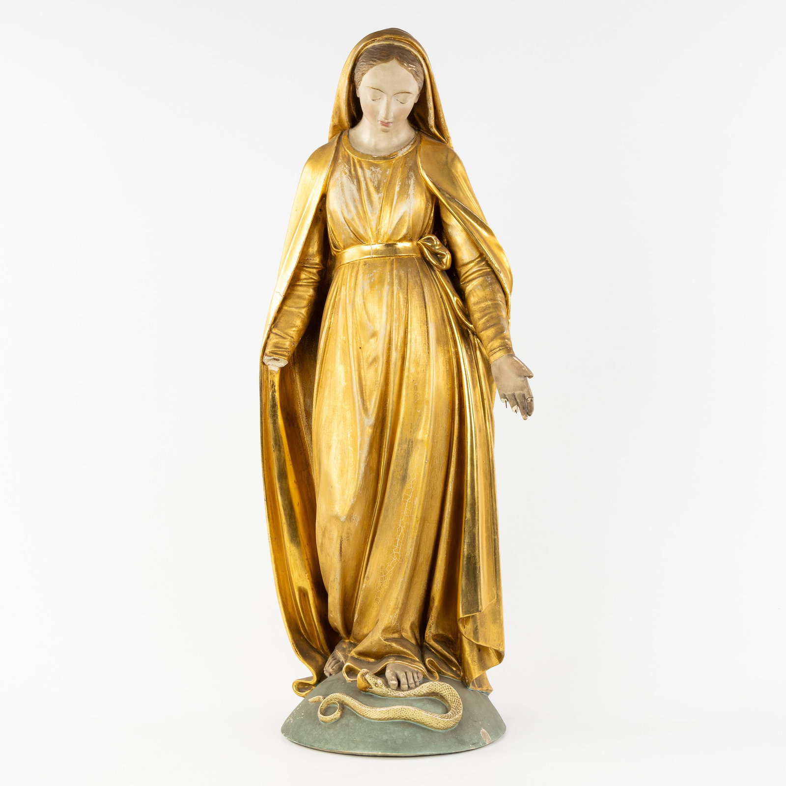 Madonna trampling the serpent, a figurine, patinated and gilt plaster. Gothic revival. (1 of 9)