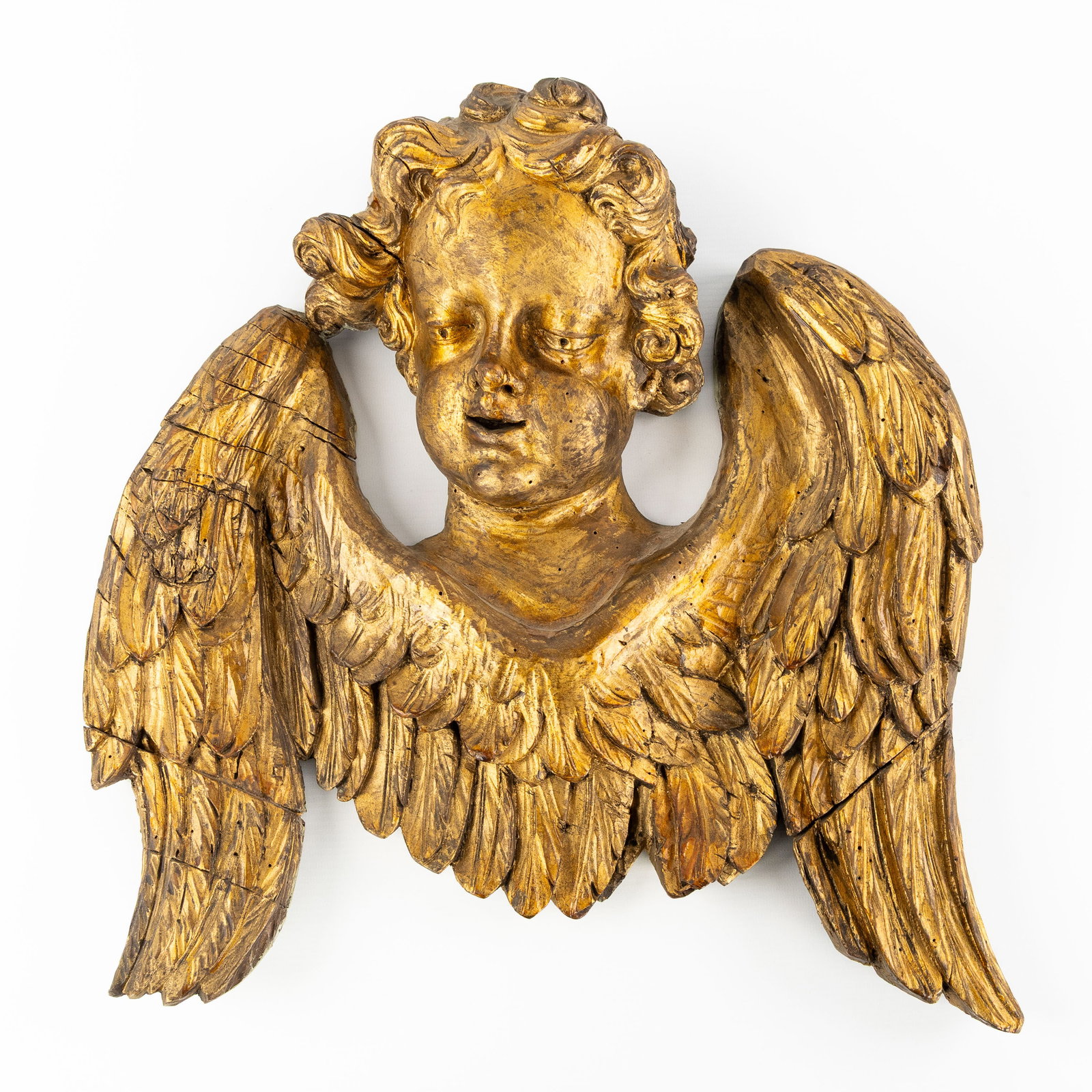 An Antique wooden sculpture of an angel, Sculptured and gilded wood, Baroque Style, 18th/19th C. (1 of 7)