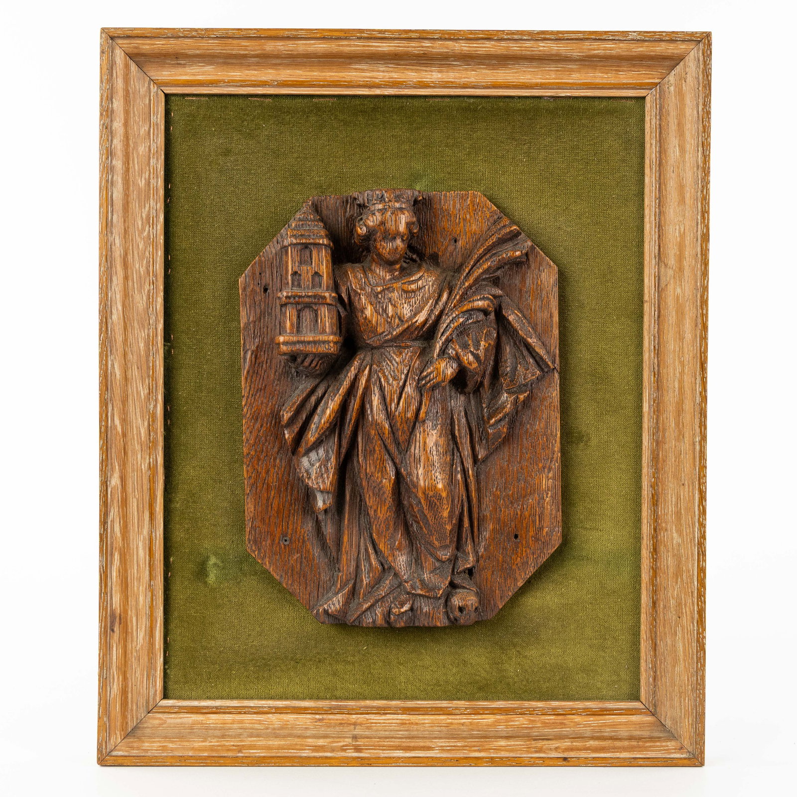 An antique wood-sculptured bas relief of Saint Barbara. 17th /18th century. (1 of 3)
