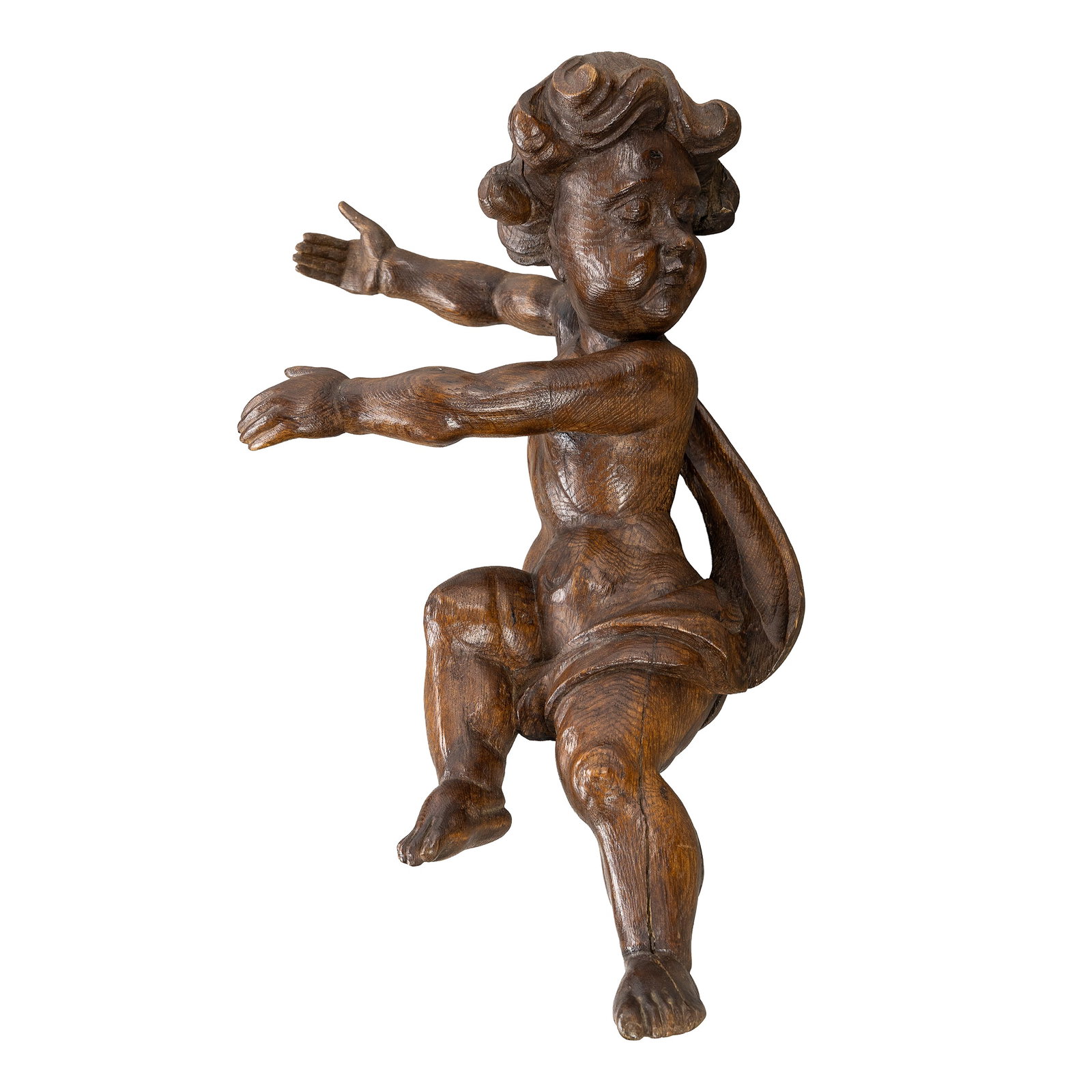 A Wood-sculptured angel or cherub, sculptured oak, Baroque style. (1 of 6)