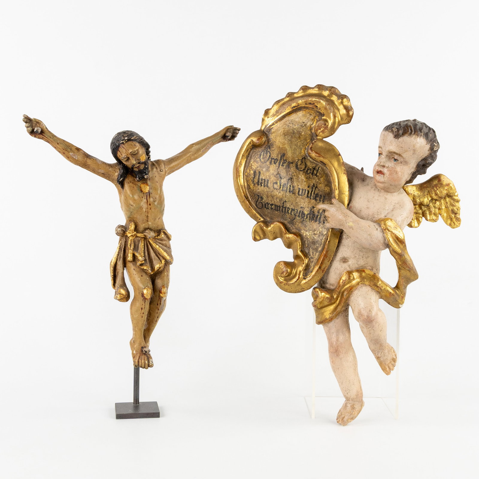 A Wood-sculptured Corpus Christi and Angel, patinated and gilded wood, 17th/18th C. (1 of 6)