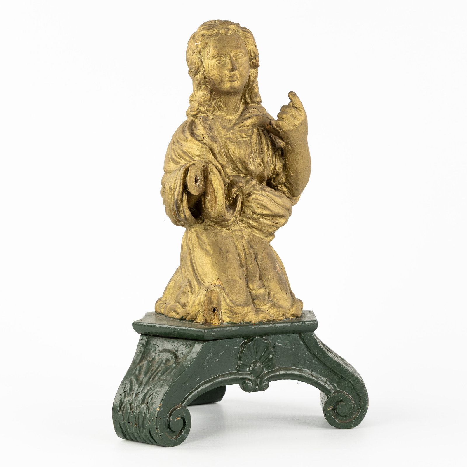 An Antique wood sculpture of an angel or ceroferar, sculptured and patinated wood, France, 18th C. (1 of 9)