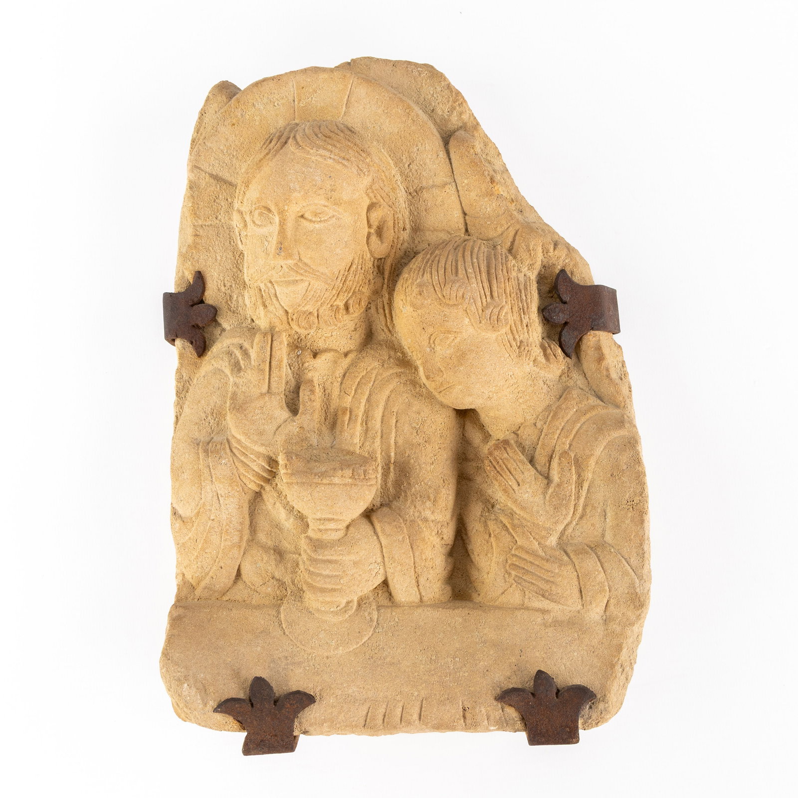 Christ and John the Apostle, Part of the Last Supper, sculptured stone and wrought iron, Romanesque (1 of 5)