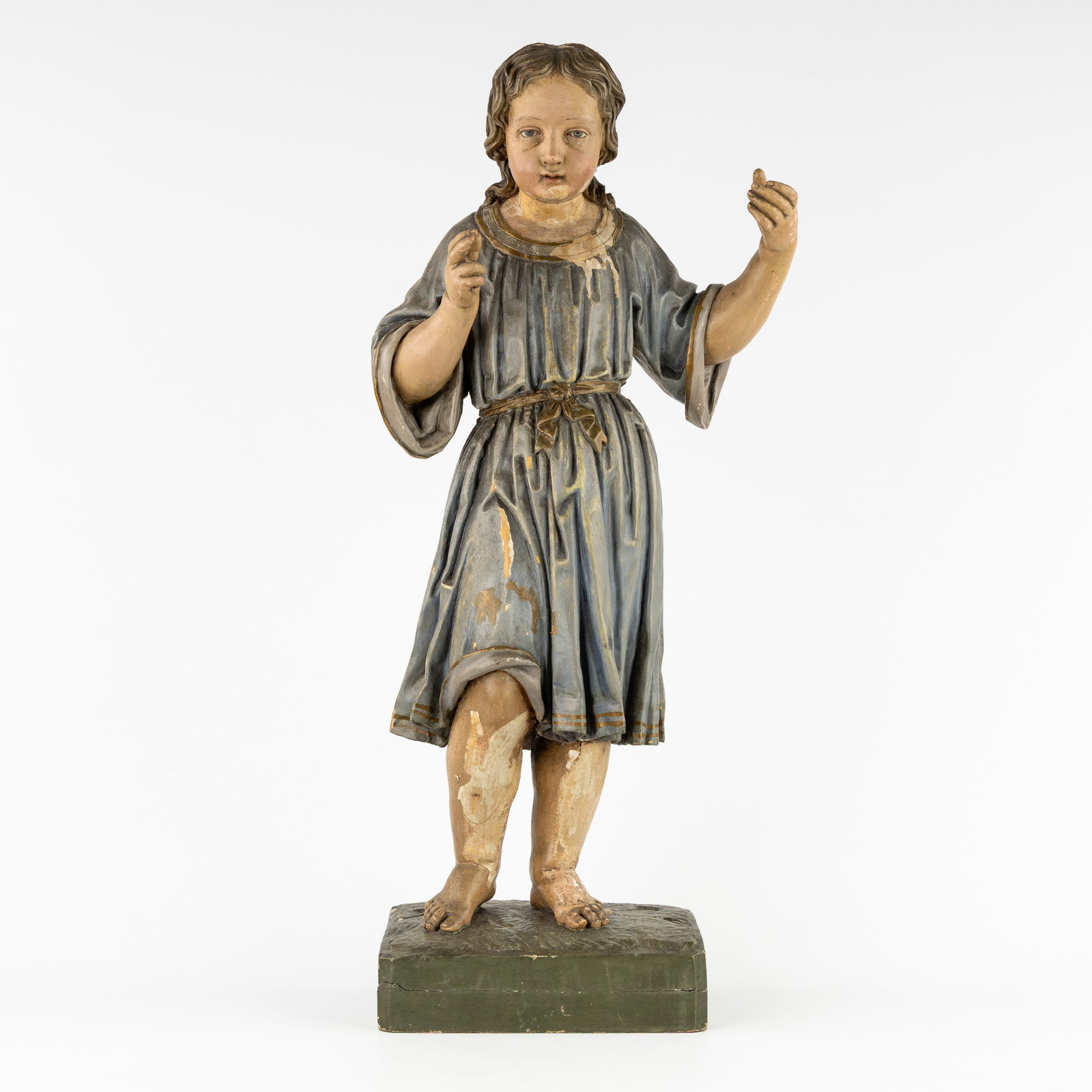 An Antique wood-sculpted statue of the Child Jesus, Gothic Revival, 19th C.: An Antique wood-sculpted statue of the Child Jesus, Gothic Revival, 19th century. Sculptured and patinated wood.Probably with a (missing) staff. (34 x 78 x 20 cm)