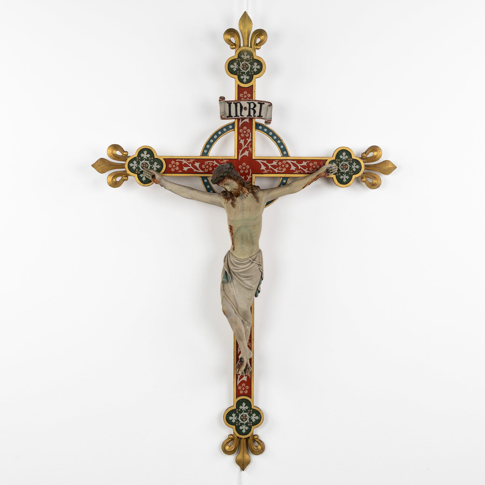Bressers-Blanchard, a crucifix with a Corpus Christi, sculpted and polychrome-patinated wood and: Bressers-Blanchard, a crucifix with a Corpus Christi, sculpted and polychrome-patinated wood and plaster. Gothic Revival Sculptured and polychrome patinated wood.A crucifix, decorated with floral moti