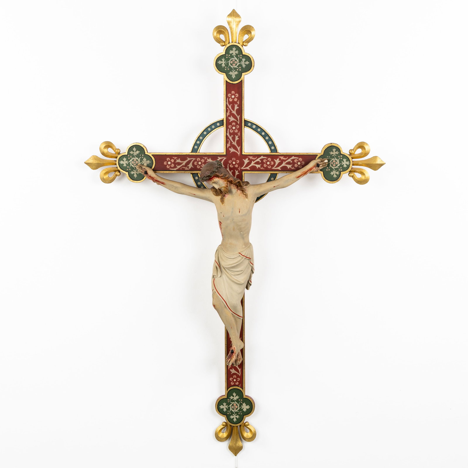 Bressers-Blanchard, a crucifix with a Corpus Christi, sculpted and polychrome-patinated wood and: Bressers-Blanchard, a crucifix with a Corpus Christi, sculpted and polychrome-patinated wood and plaster. Gothic Revival Sculptured and polychrome patinated wood.A crucifix, decorated with floral moti