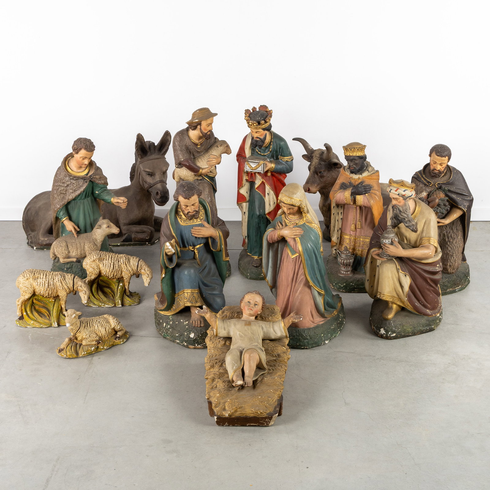 A large and elaborate nativity scene, patinated plaster. (1 of 12)