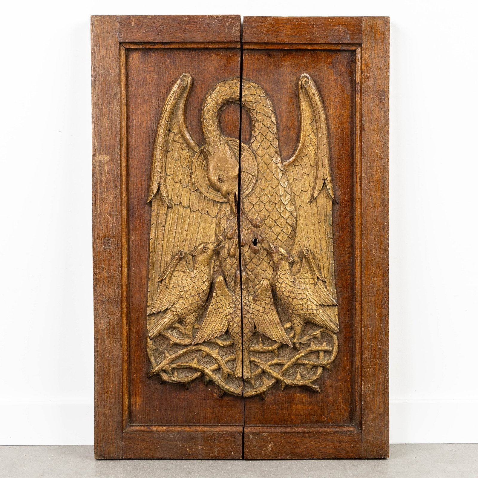 A Pair of Tabernacle doors, decorated with wood-sculptured and gilded 'Pelican with Chicks'. Gothic (1 of 3)