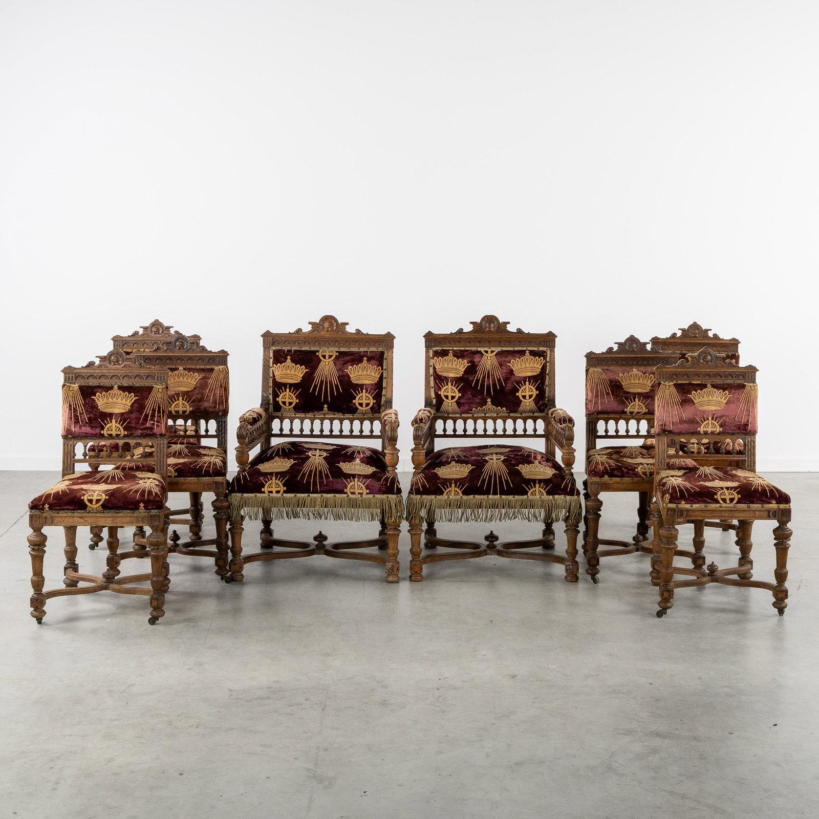 Two armchairs and six chairs from a vicarage, carved wood upholstered in velour and featuring (1 of 9)