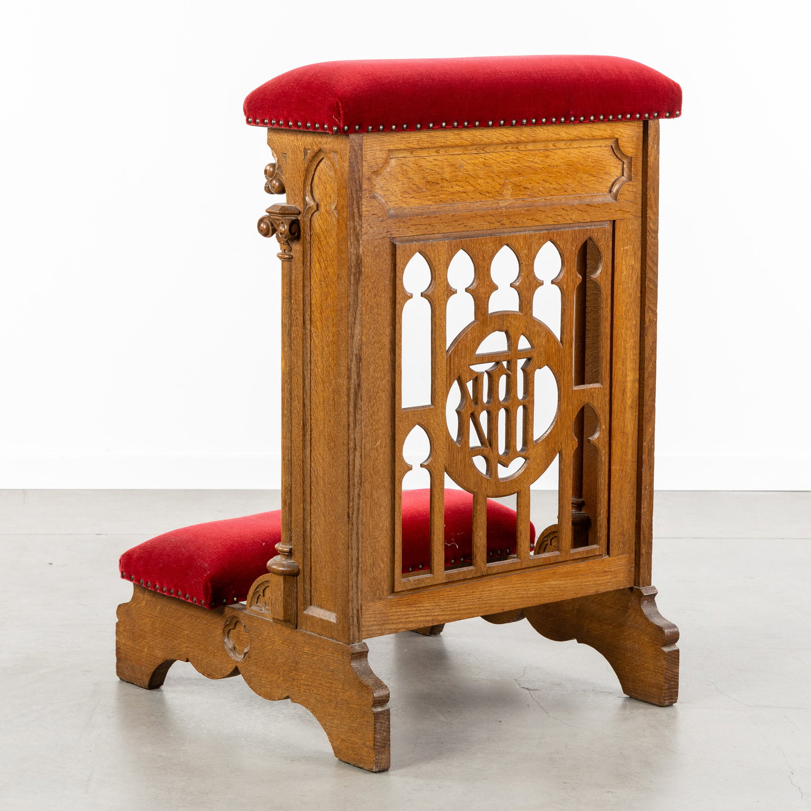 A Gothic Revival Prayer Bench, Openwork Carvings and Upholstered in Red Velvet. (1 of 6)