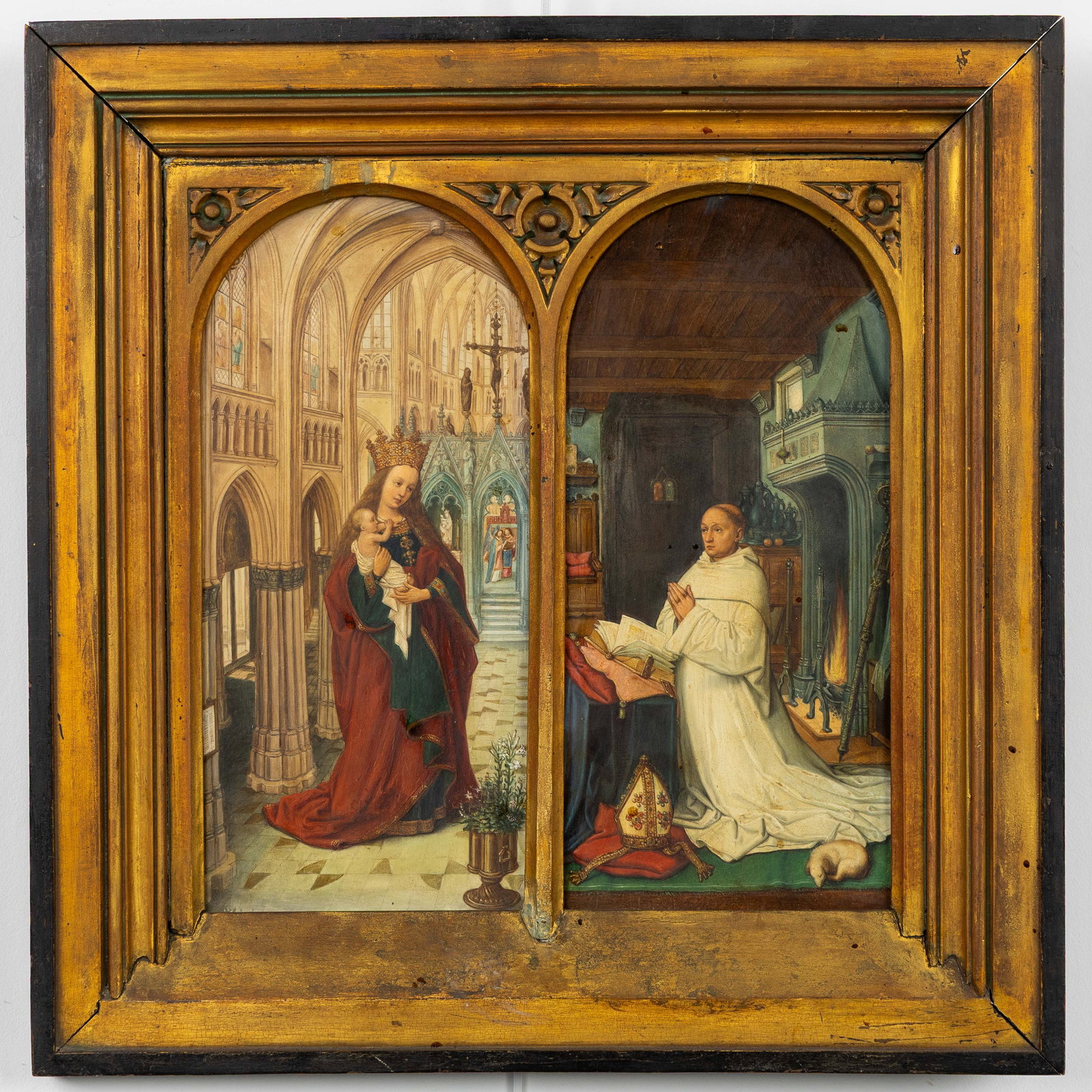 Diptych of Christiaan de Hondt, abbot of Ten Duinen, set in a Gothic Revival frame. Circa 1900.: Diptych of Christiaan de Hondt, abbot of Ten Duinen, set in a Gothic Revival frame. Circa 1900. A diptych based on ‘Diptych of Christiaan de Hondt, abbot of Ten Duinen’, a work from 1499.&nb