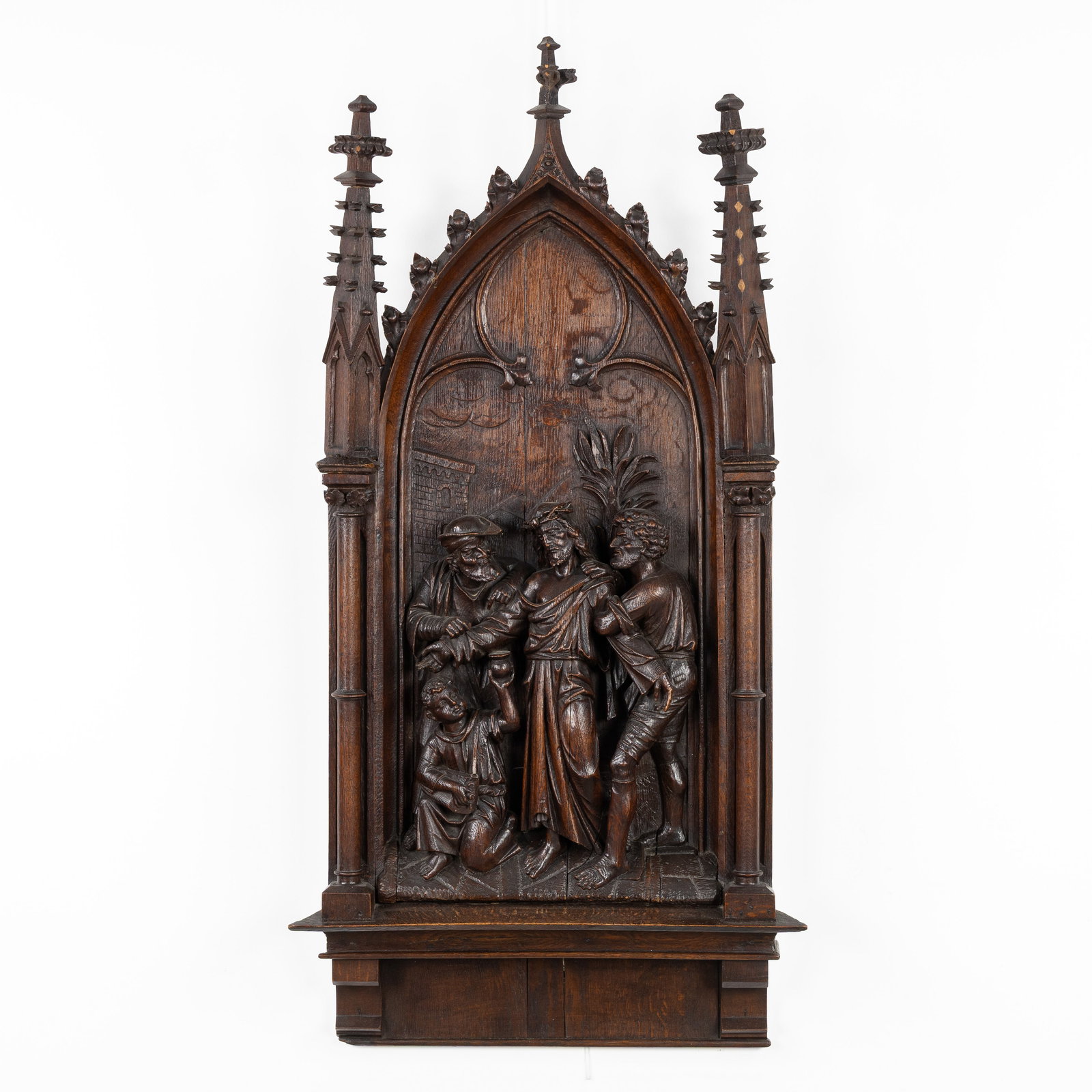 A Wood-sculptured Station of the Cross, 'Jesus is Stripped of His Clothes', Gothic Revival, 19th C.: A Wood-sculptured Station of the Cross, 'Jesus is Stripped of His Clothes', Gothic Revival, 19th century. Sculptured wood.Representation of Station 10 of the Stations of the Cross, Jesus is Stripped o