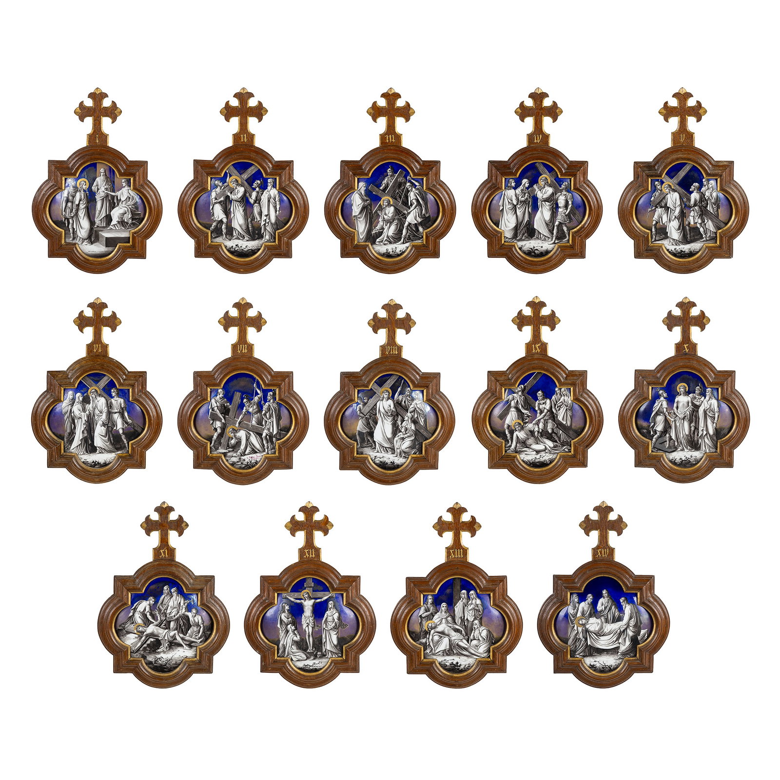 A Stunning, 14-piece 'Stations of the Cross'. Porcelain plaques mounted in Gothic Revival frames. (1 of 19)