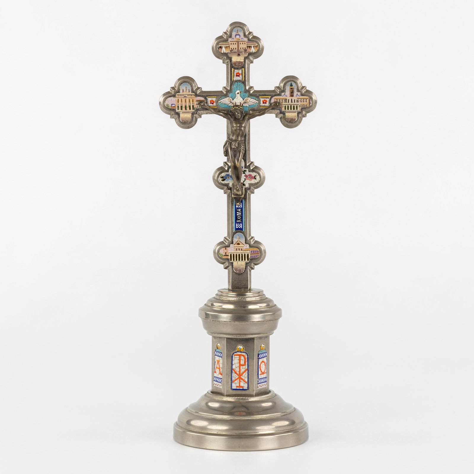 An Altar crucifix with Corpus Christi, decorated with Micro Mosaic. Circa 1900. (1 of 9)