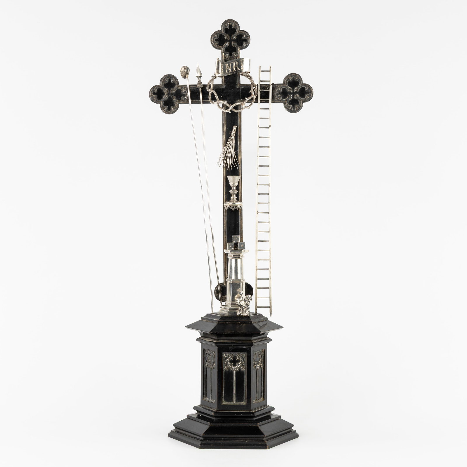 An ebonised wooden altar cross with silver instruments of the Passion, Arma Christi, Gothic Revival. (1 of 9)