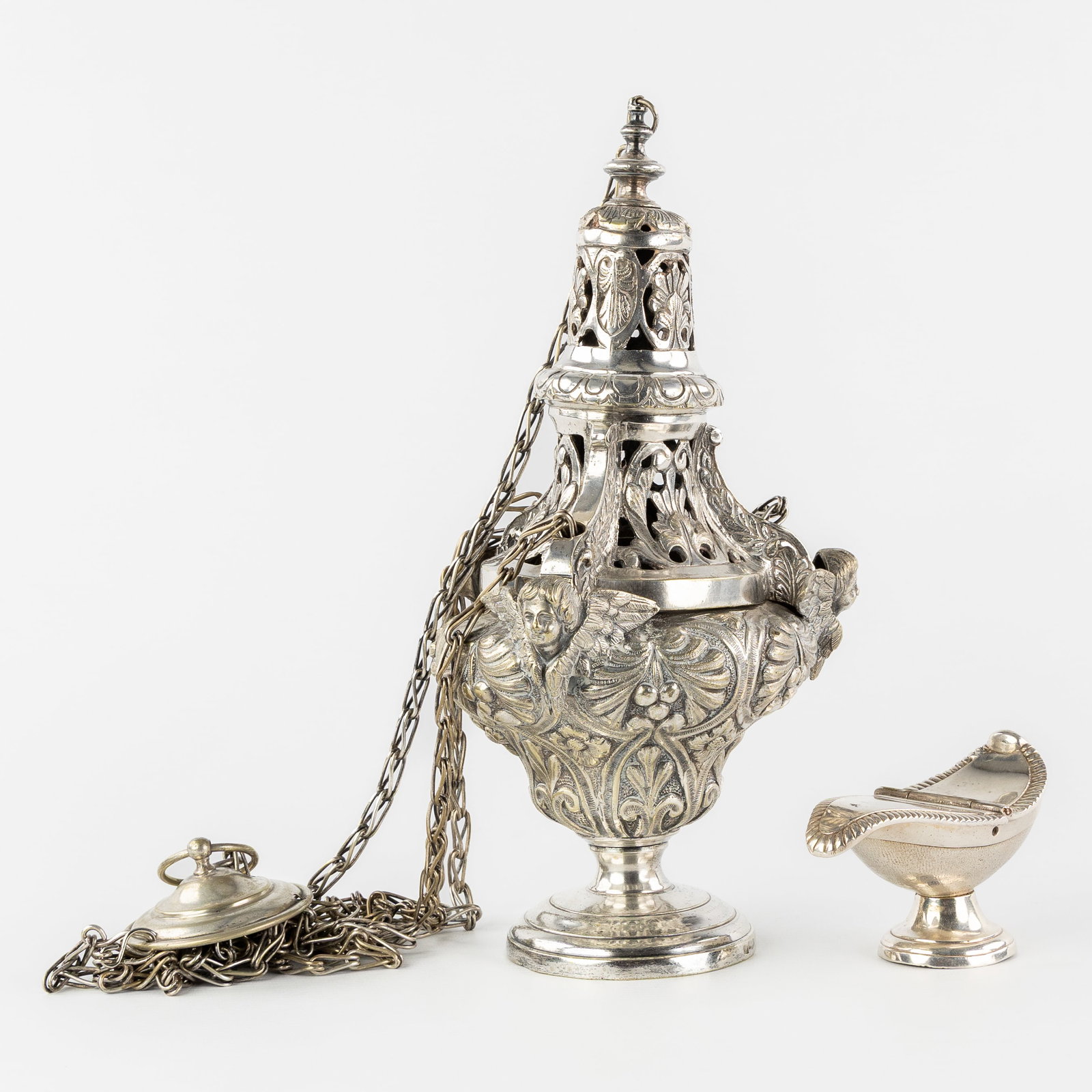 Meneses Madrid, A Silver-plated Incense burner or Thurible and an Incense boat, silver-plated metal, (1 of 8)
