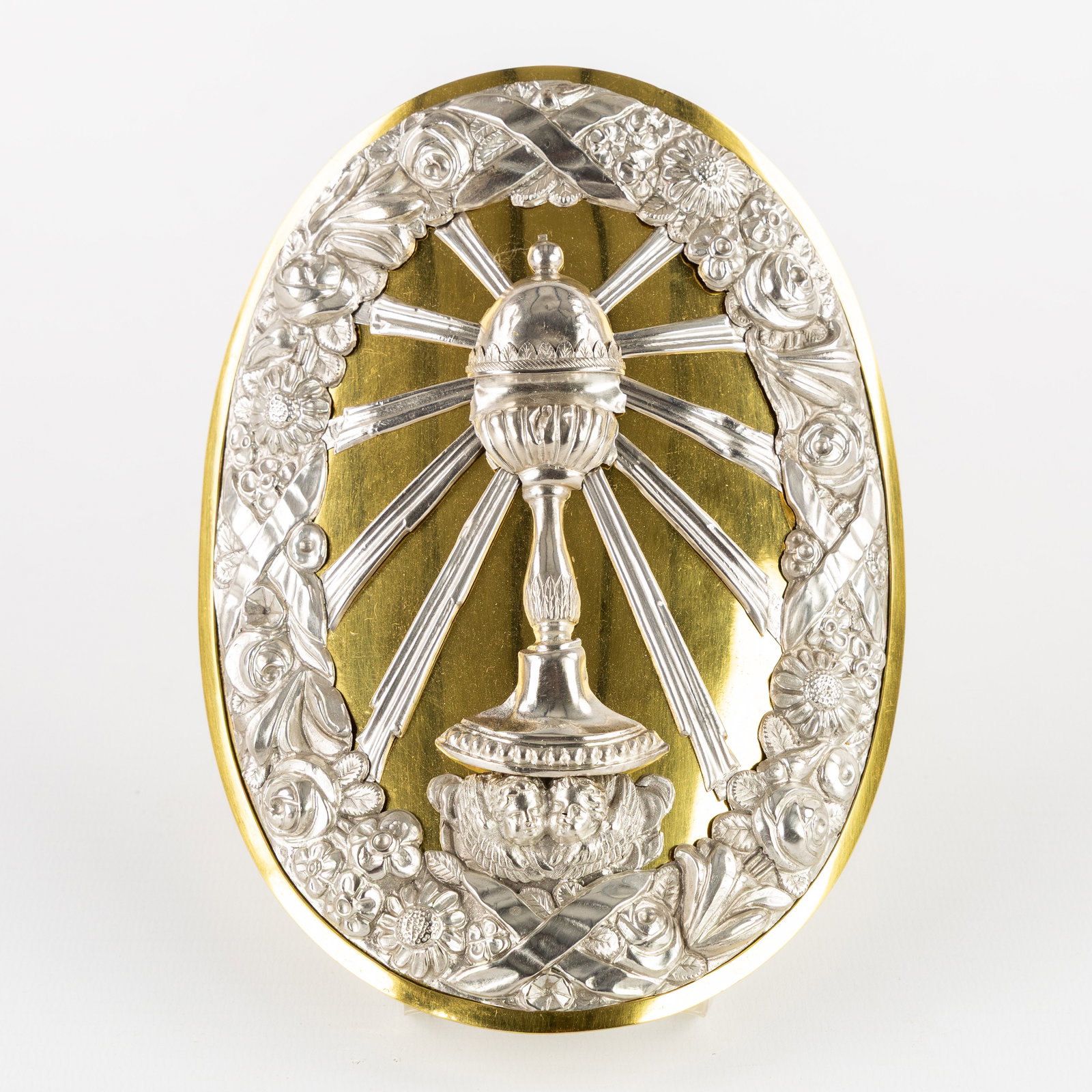 A decorative plaque, for a processional or standard staff, silver and copper. Baroque style. 19th (1 of 4)