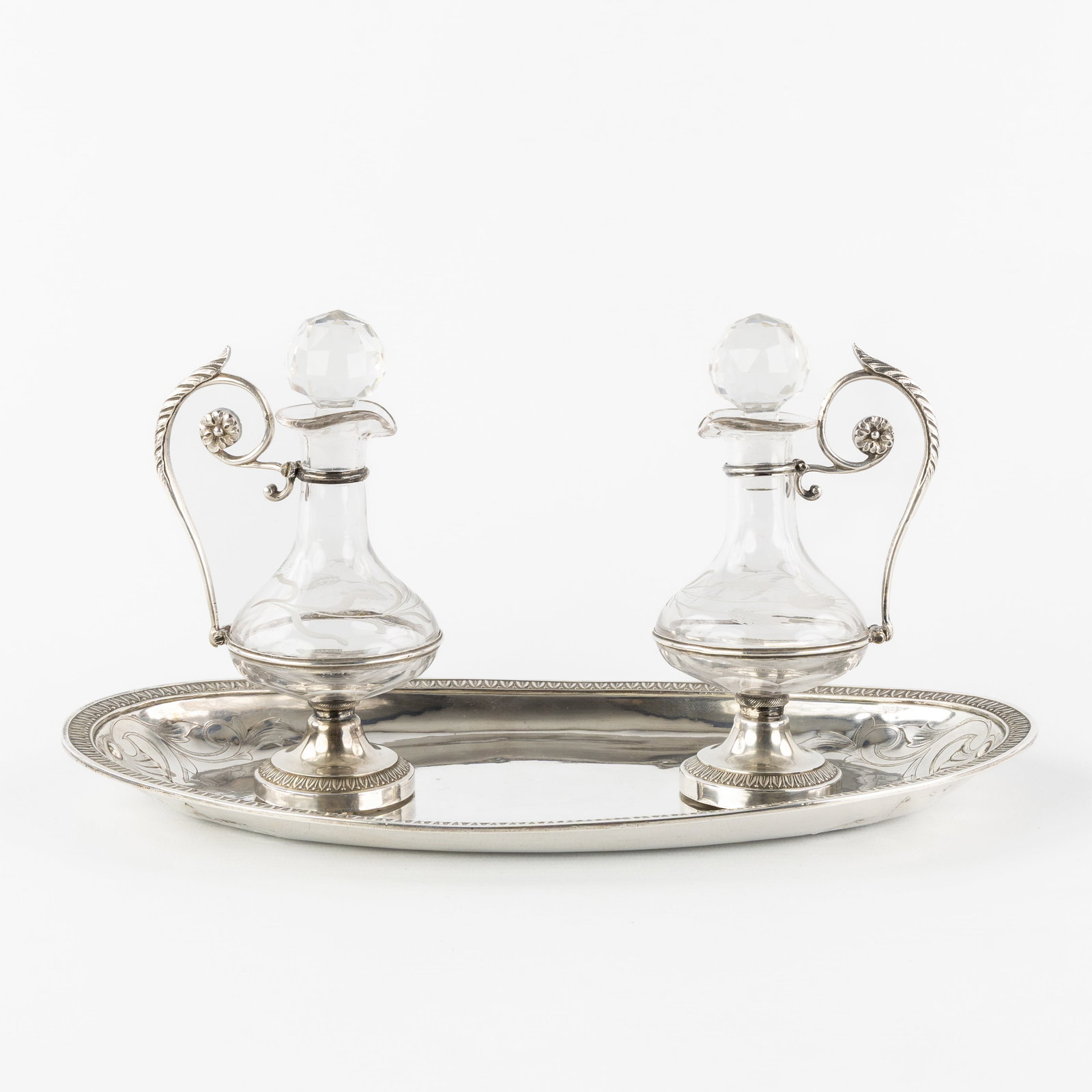 A Pair of wine and water altar cruets, silver and cut crystal. France, late 19th C. Silver, 241g. (1 of 13)