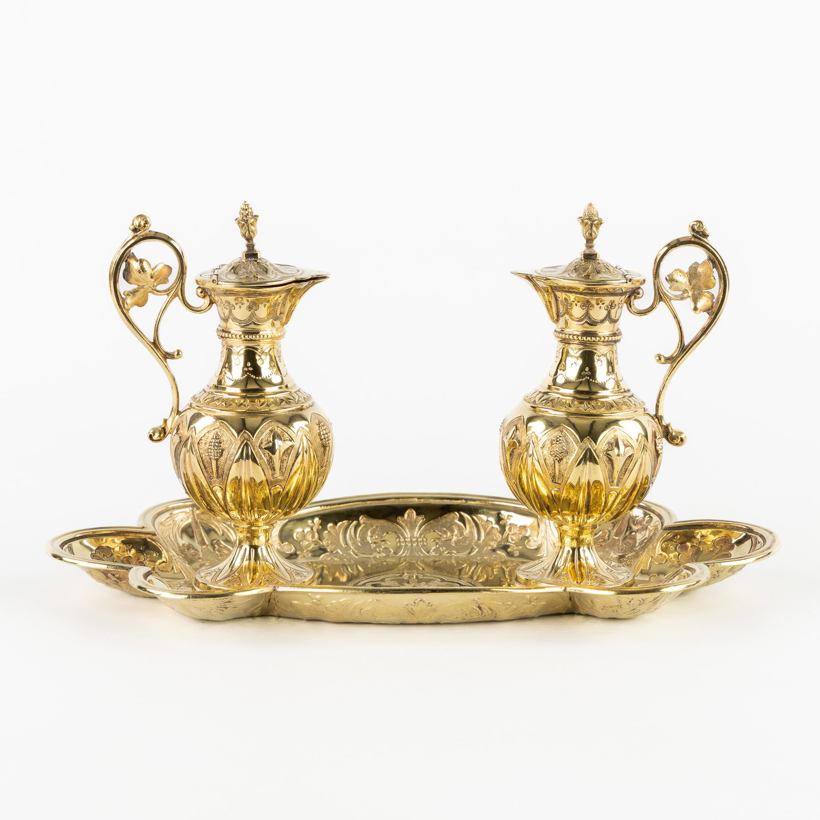 Capello-Morel, Paris, Wine and Water cruets on a platter. Vermeil, France. 486g. (1 of 8)