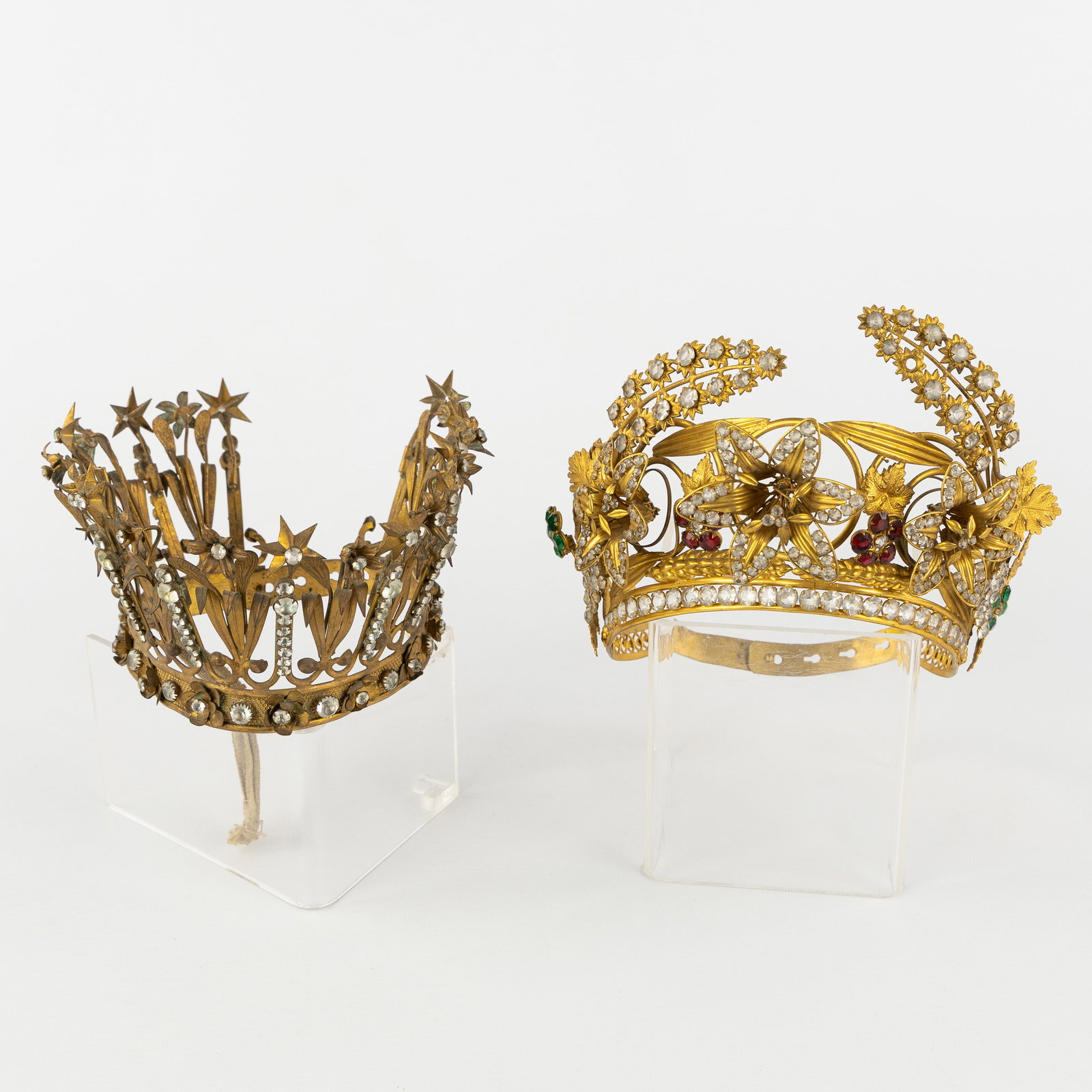 Two Large crowns for a statue of The Virgin Mary or a Saint, brass and faceted glass, circa 1900. (1 of 9)