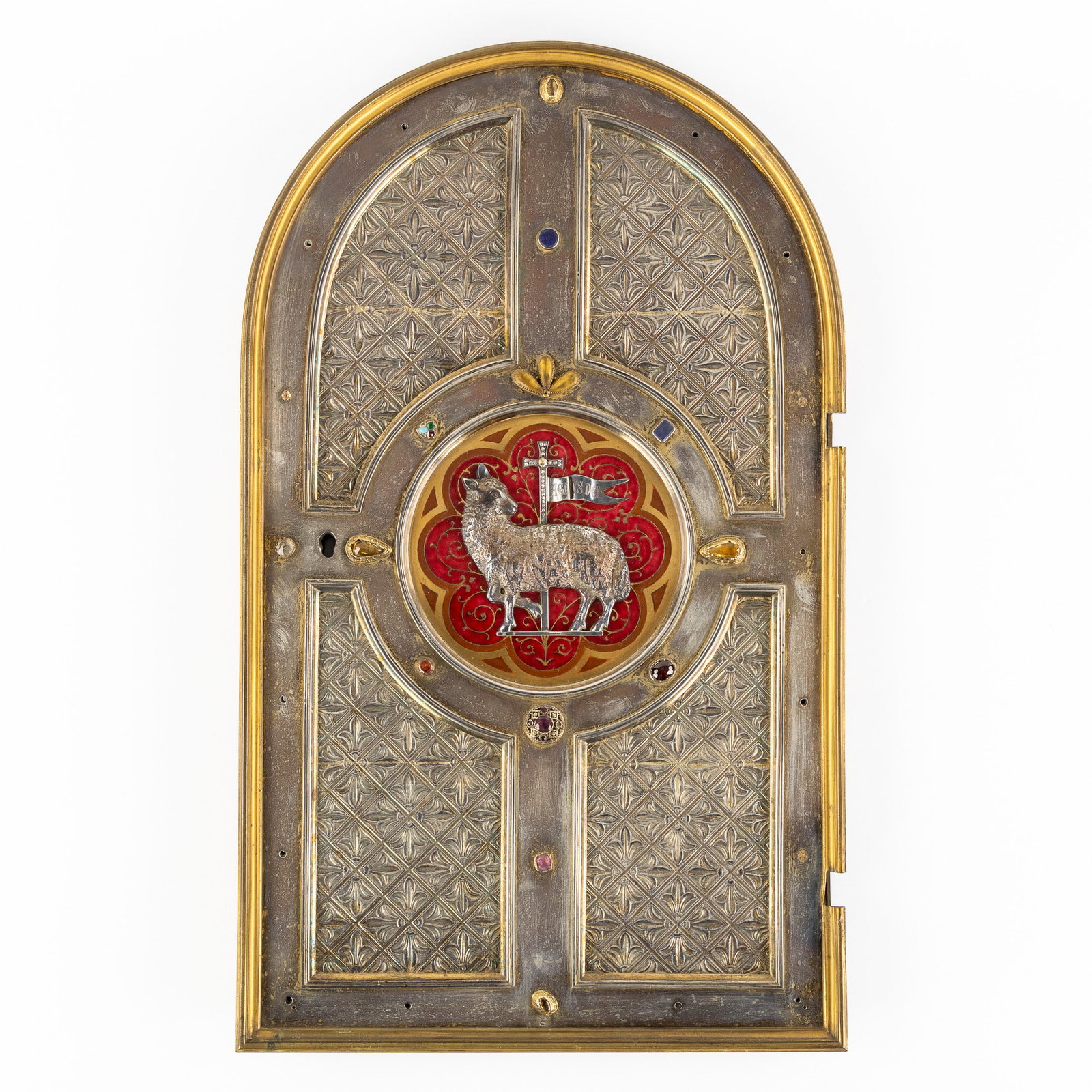 Poussielgue-Rusand, A Gothic Revival tabernacle door, Silver, bronze and enamel, France, late 19th: Poussielgue-Rusand, A Gothic Revival tabernacle door, Silver, bronze and enamel, France, late 19th century. Silver, bronze, wood, and enamel. Decorated with the Lamb of God/Agnus Dei and finished with