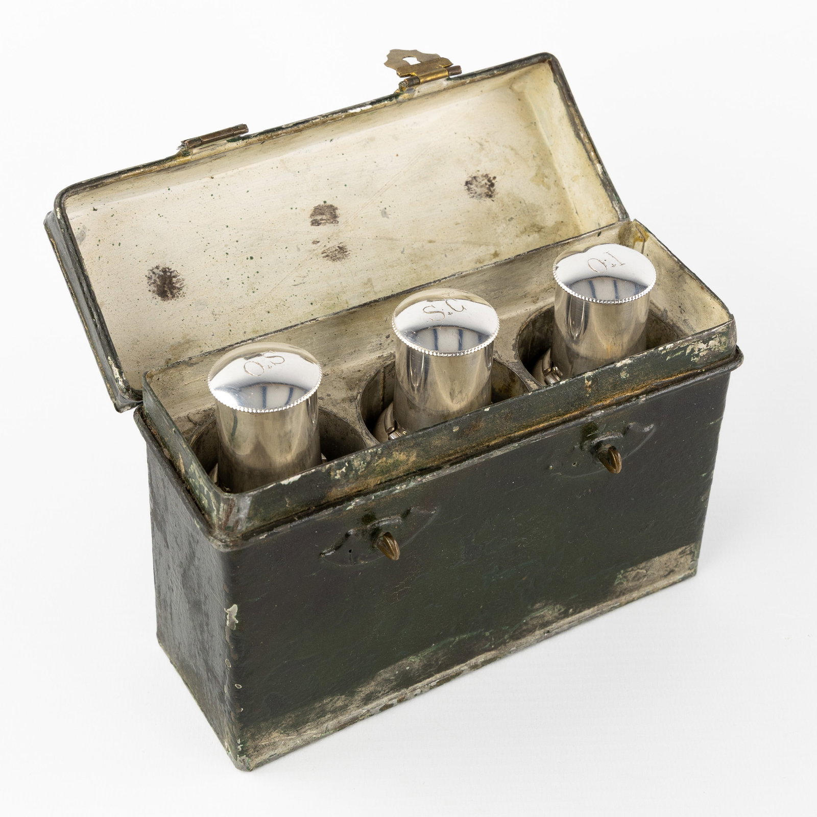 A Chrismatorium or Oil box with three flasks, silver-plated metal and glass. (1 of 6)