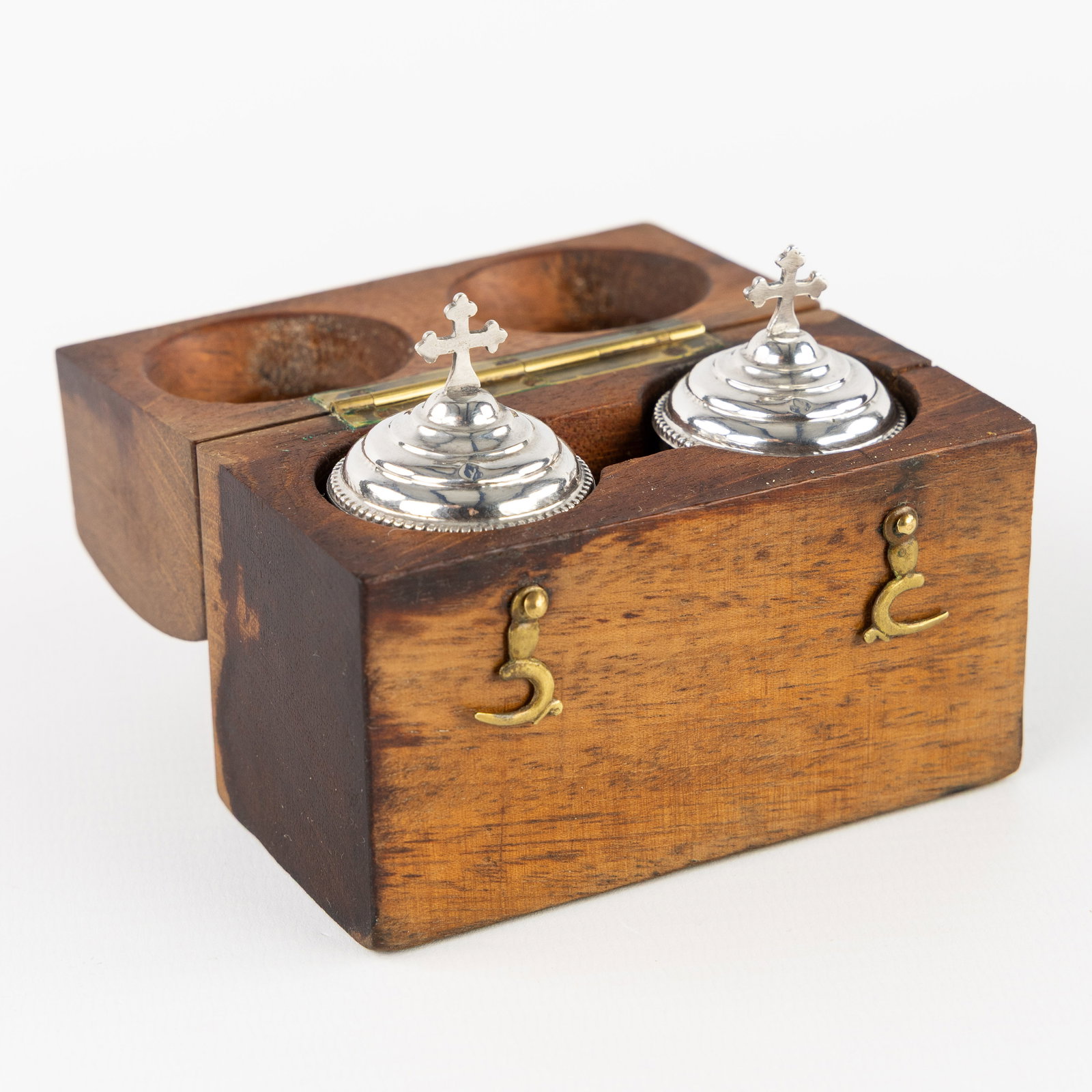 Chevron Frères, A Chrismatorium or oil box with two vials, Silver. France. 19th C. (1 of 7)