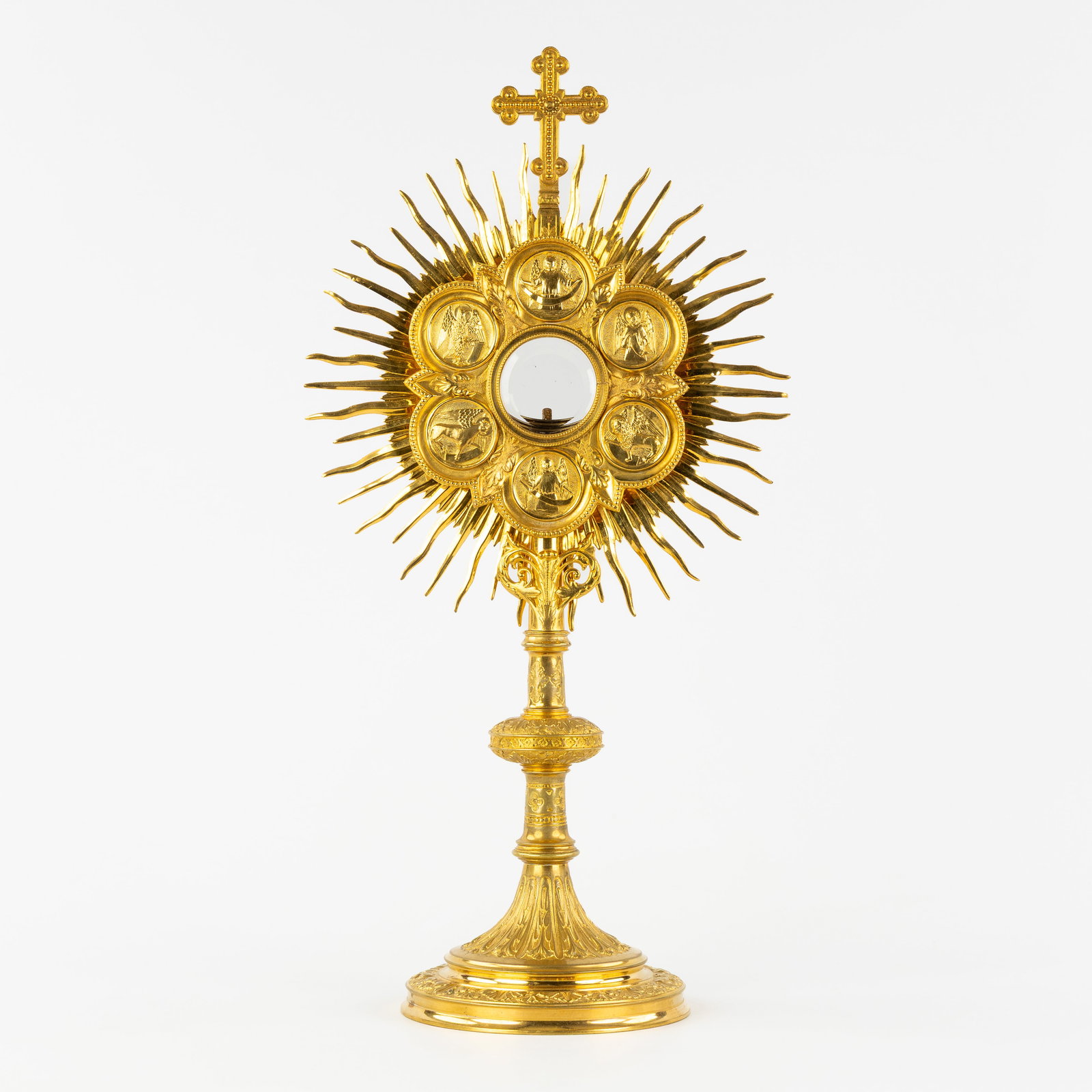A Gothic Revival Sunburst monstrance, Brass and gilt brass, with Archangels and the Four (1 of 6)