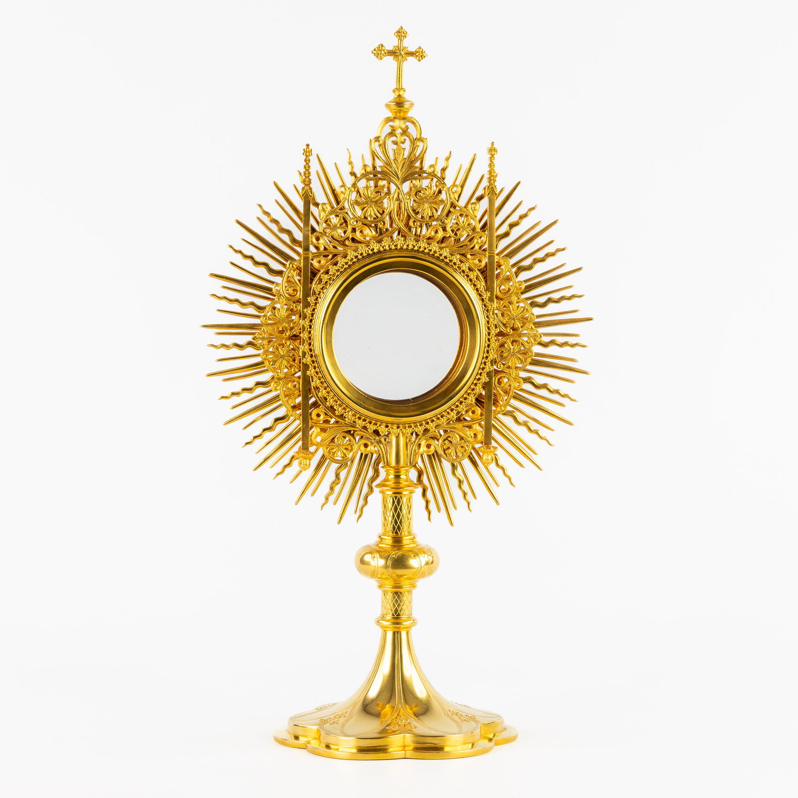 A Sunburst Monstrance, gilded brass in a Gothic Revival style. Late 19th C. (1 of 8)