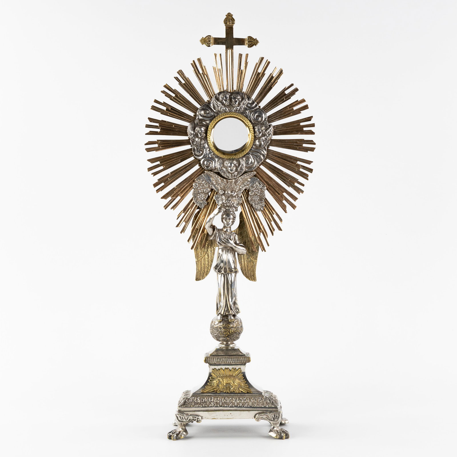 A Sunburst Monstrance, Bronze and Silver-plated bronze, with sculptured Archangel and Lamb of God. (1 of 9)