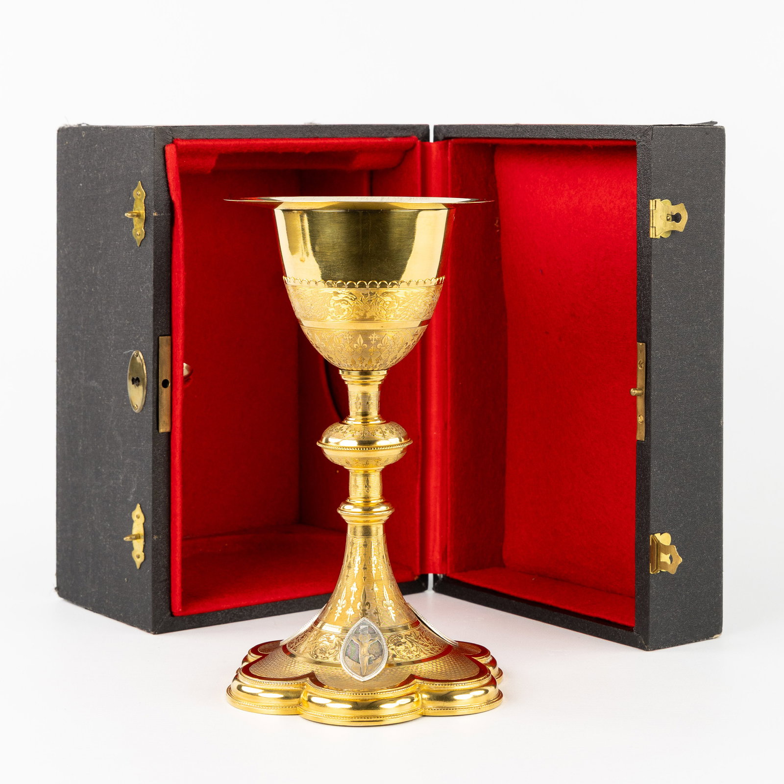 A Gilded brass chalice with Vermeil cuppa and paten, decorated with medallions, Gothic Revival, (1 of 16)