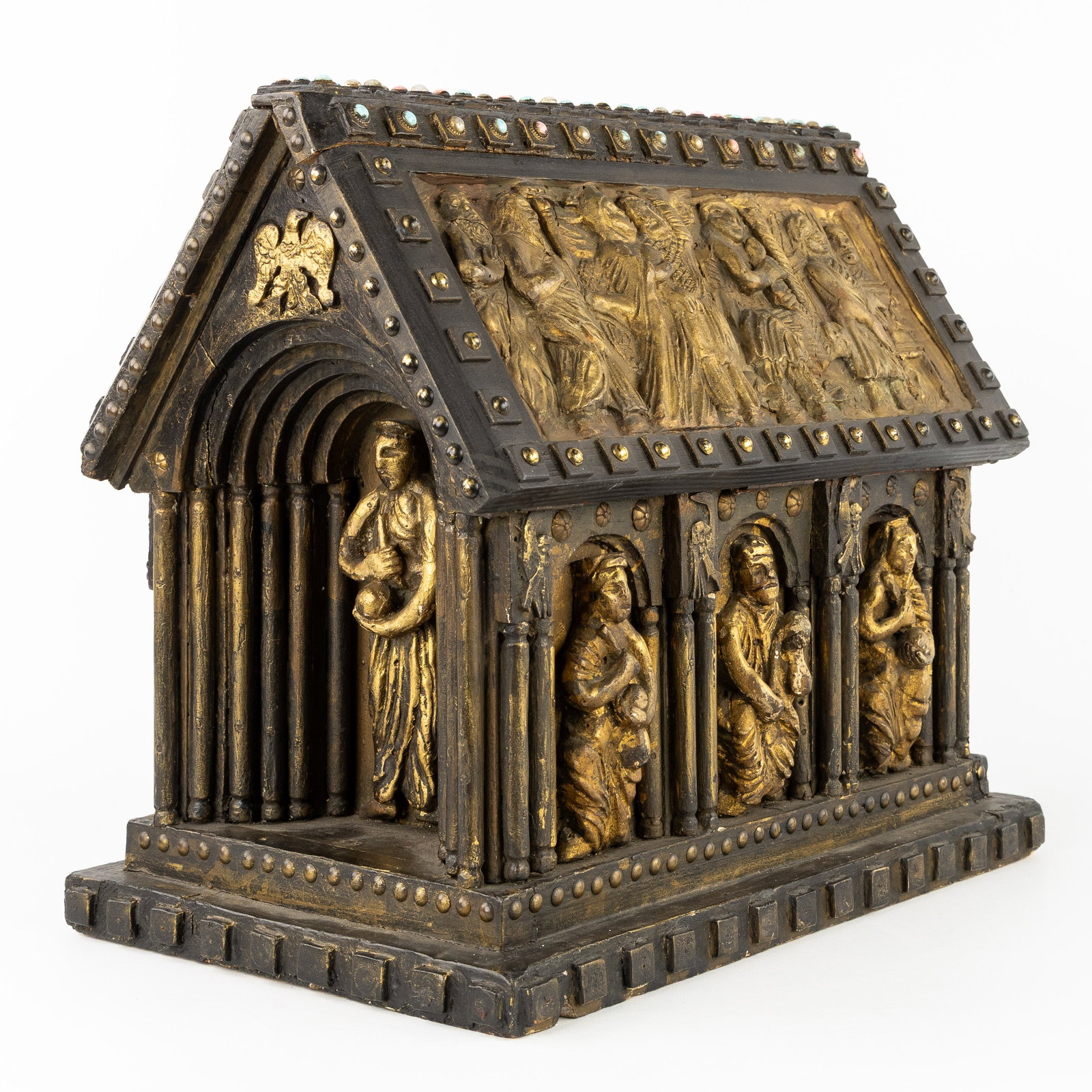An Antique wood-sculptured Reliquary Shrine with bas-relief panels, gilded and patinated wood, (1 of 8)