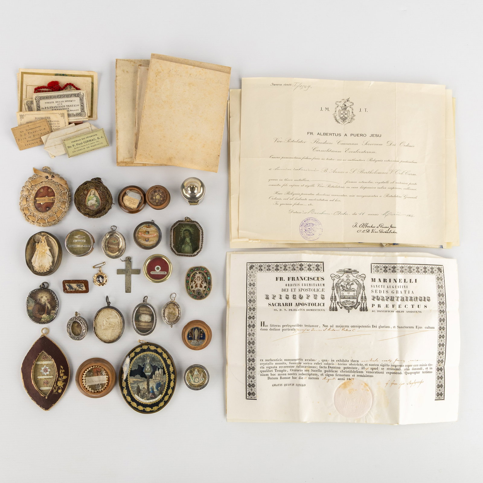 A Large collection of relics, reliquaria, documents for relics, and a silver chrismatorium. (1 of 9)