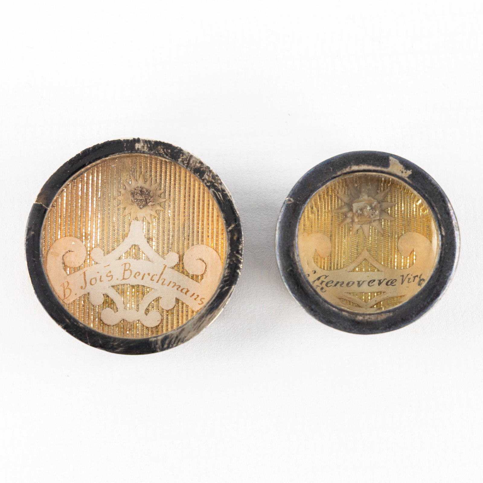 Two Sealed reliquary theca with relics of the Blessed John Berchmans and Saint Genevieve of Paris. (1 of 2)