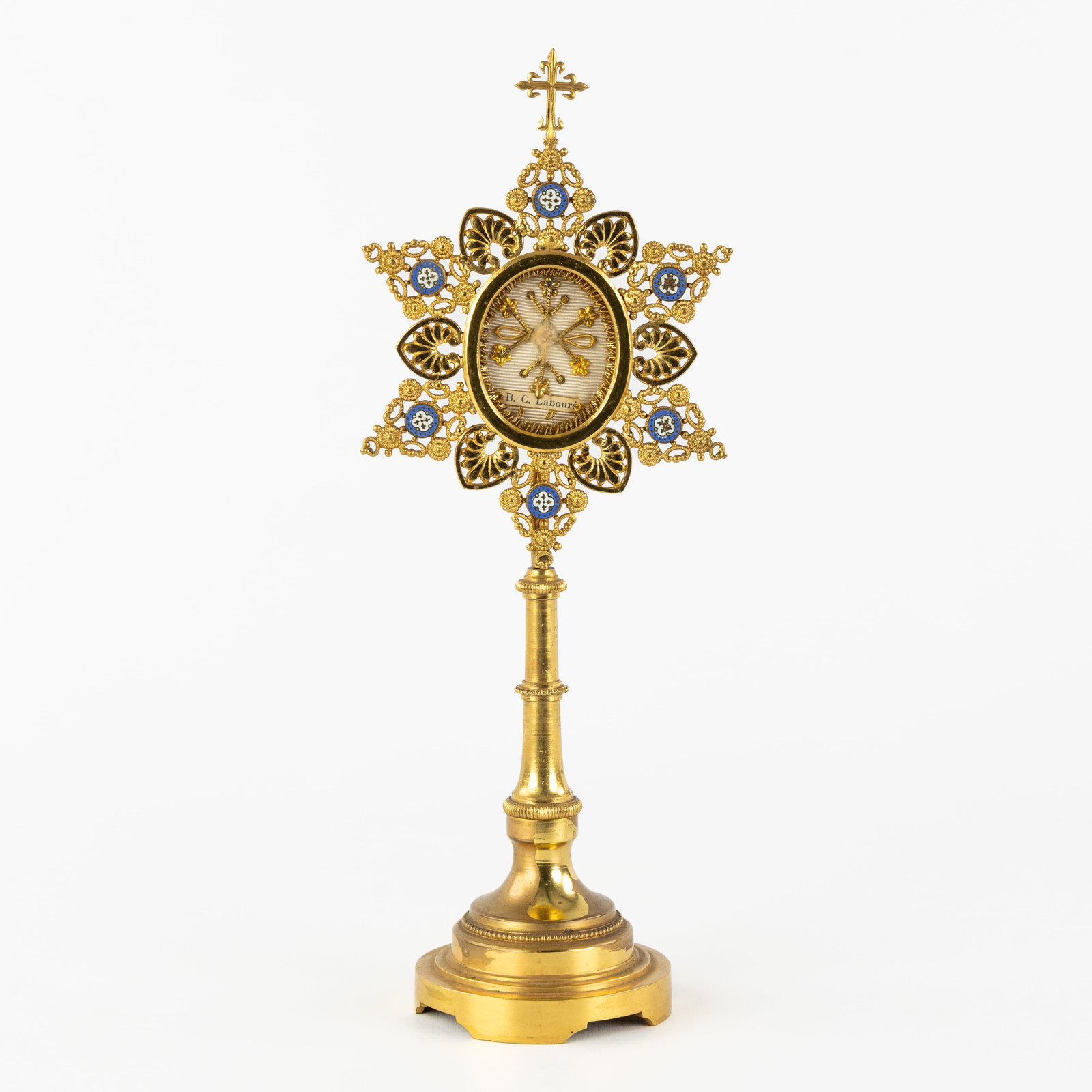 A Brass reliquary monstrance with Sealed theca with a relic of the Blessed Catherine Labouré, (1 of 6)